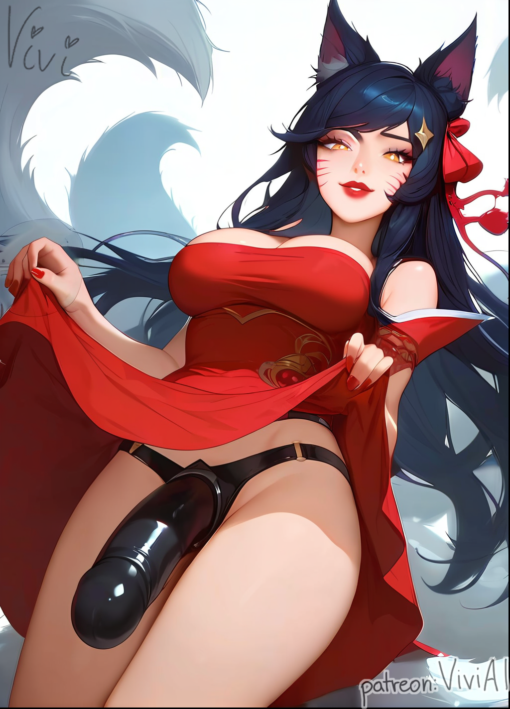 1girls ahri ai_generated black_dildo dildo dress dress_lift female femdom fox fox_ears fox_girl fox_tail golden_eyes league_of_legends looking_at_viewer looking_down red_dress red_nails riot_games smile smirk strap-on strapon tagme thick_penis viviai yellow_eyes