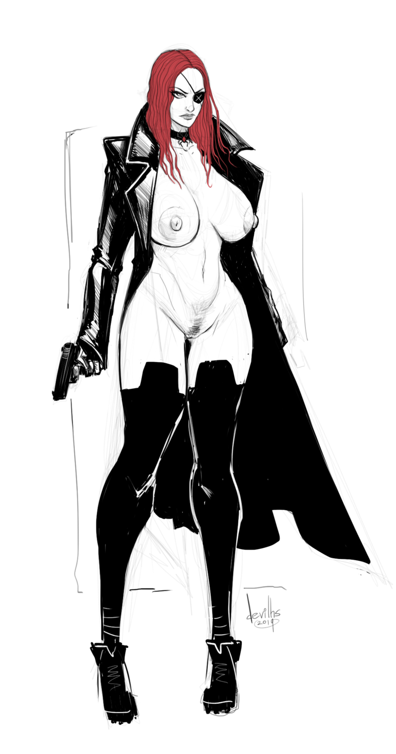 agent areolae artist_name artist_signature big_areola big_breasts black_and_white black_widow_(marvel) choker coat coat_only devil_hs emotionless exposed_breasts expressionless eye_patch eyepatch gun hairy_pussy hourglass_figure jacket jacket_only legwear long_hair marvel marvel_comics naked natasha_romanoff no_sex nude pussy red_hair secret_agent serious shoes slim_waist thick_thighs