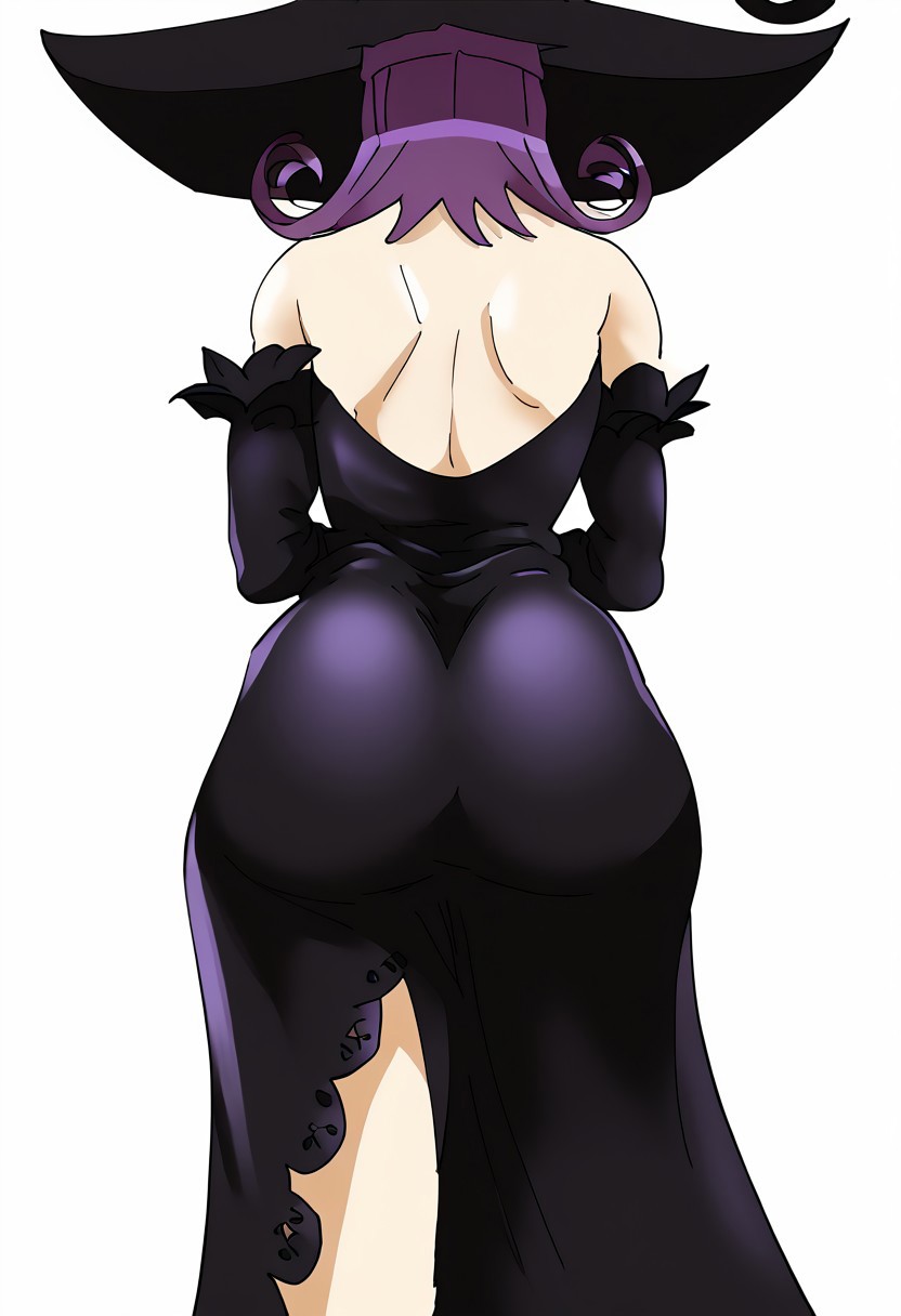 ai_generated anime_style ass_focus blair_(soul_eater) cowboy_shot curvy_female curvy_figure dress female female_only from_behind hourglass_figure medium_ass rear_view solo_focus soul_eater tagme witch_hat