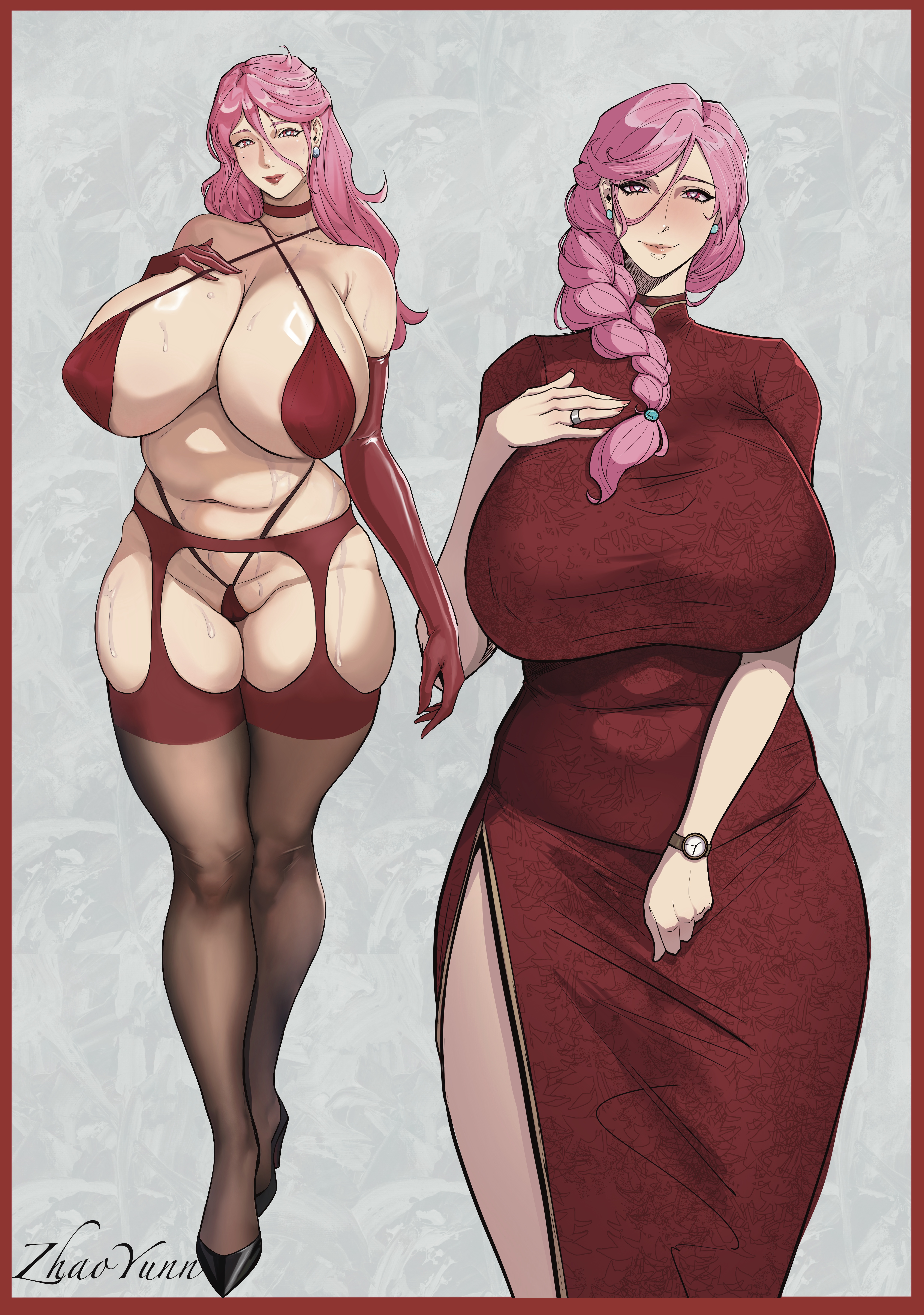 1girls, absurd res, breasts, clothed, clothing, earrings, female, female only, footwear, hi res, huge breasts, legwear, long hair, looking at viewer, lulu95402099, mature, mature female, milf, original, pink hair, solo, solo female, stockings, thick thighs, thighhighs, wide hips