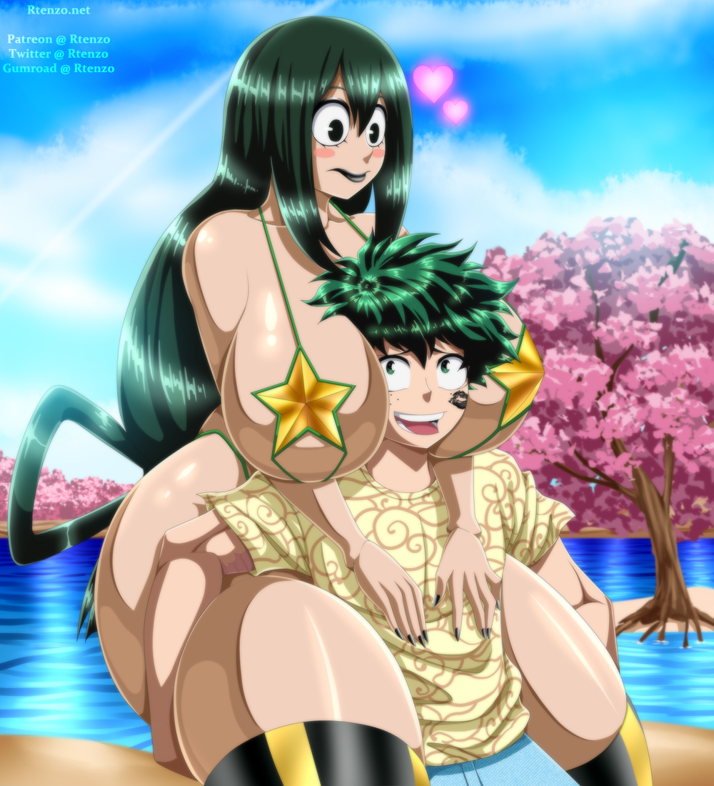 1boy 1girls 2019 between_breasts bigger_female bikini black_lipstick blush ero-enzo female green_hair head_between_breasts heart huge_breasts huge_thighs izuku_midoriya kiss_mark light-skinned_male light_skin lipstick long_hair makeup micro_bikini my_hero_academia outdoor piggyback_ride rtenzo short_hair stand_and_carry_position star_bikini tagme tsuyu_asui watermark