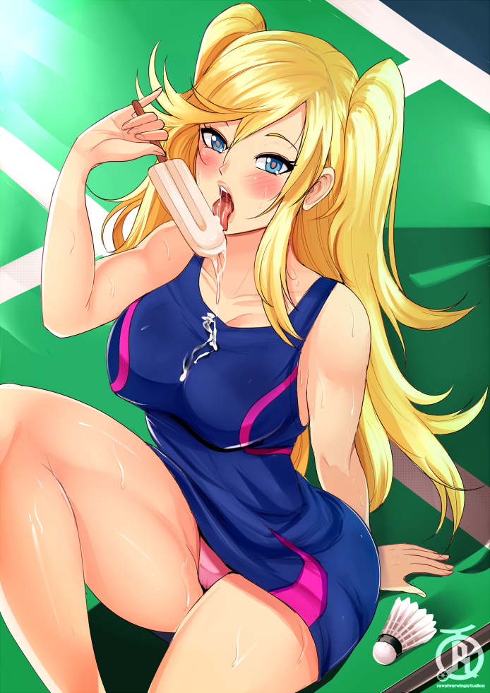 blonde_hair blue_eyes blush color connie_christensen female female_only hanebado! heart-shaped_pupils looking_at_viewer open_mouth panties revolverwingstudios solo tongue tongue_out twintails