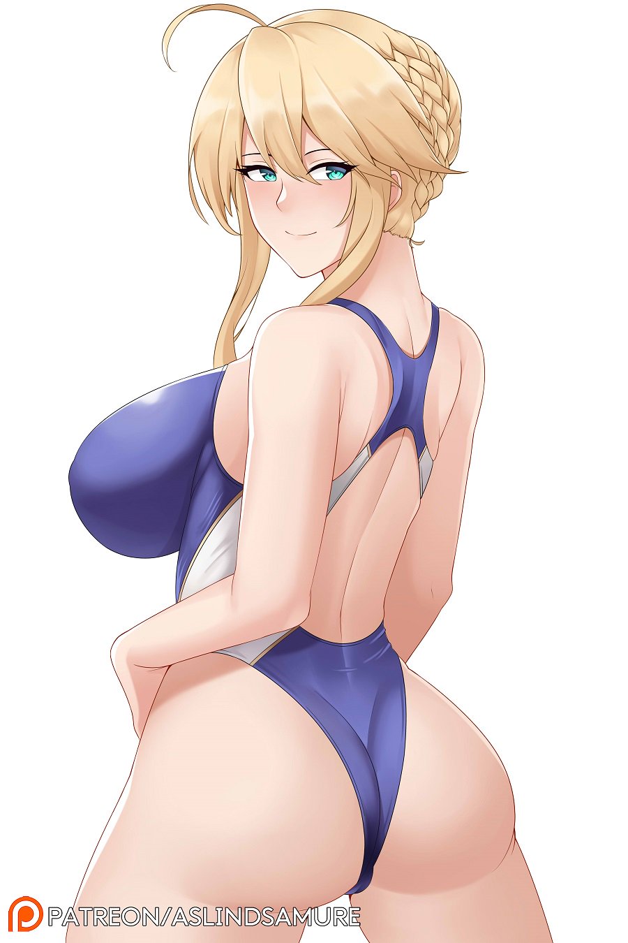 1girls ahoge artoria_pendragon artoria_pendragon_(lancer) aslindsamure ass backless_outfit bangs blue_eyes blush braid breasts competition_swimsuit fate/grand_order fate_(series) female french_braid from_behind hair_between_eyes highres large_penis long_hair looking_at_viewer looking_back nose_blush one-piece_swimsuit sidelocks simple_background smile solo swimsuit white_background