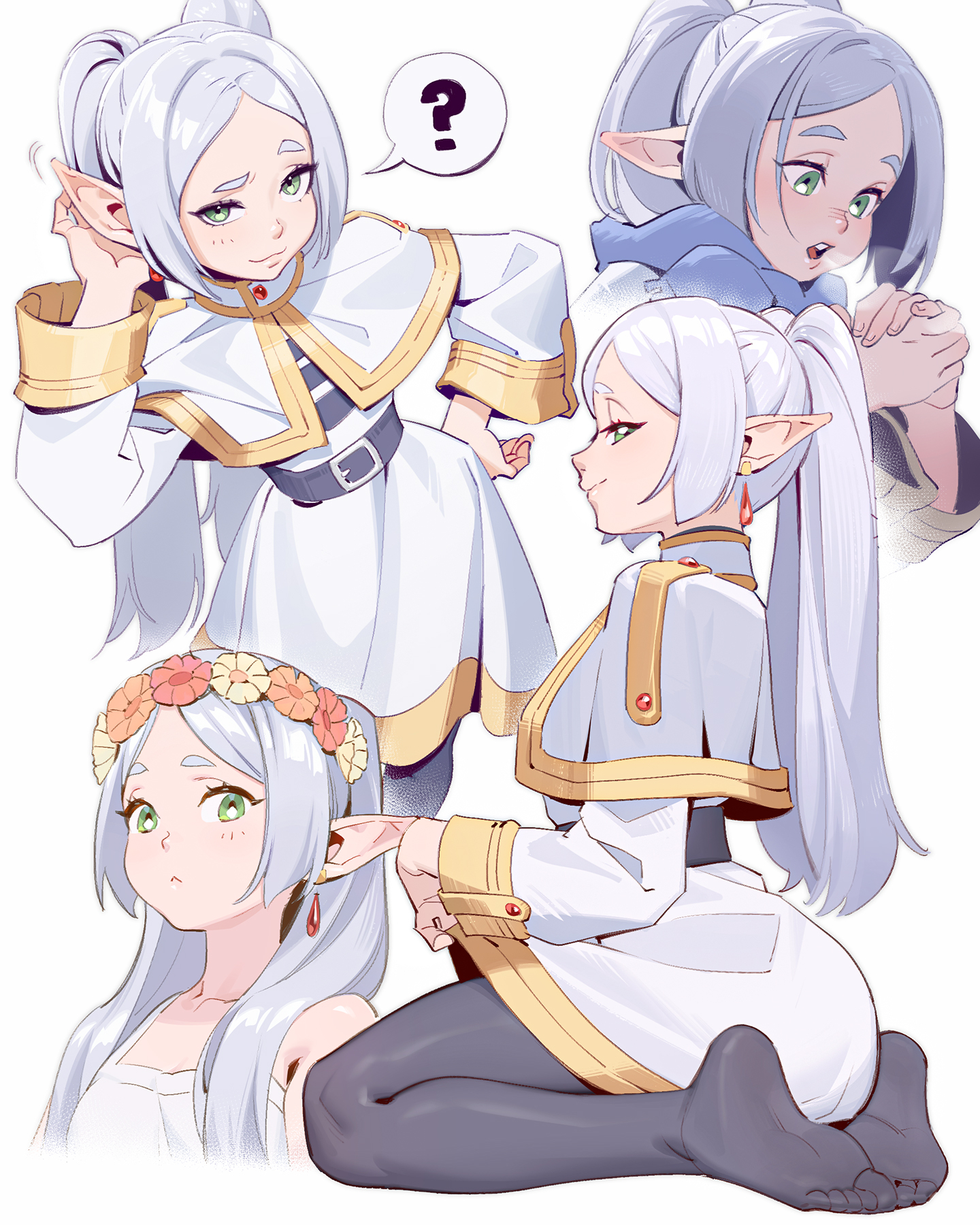 1girls, 2024, biped, clothed, clothing, digital media (artwork), dnaitari, elf, eyebrows, feet, female, fingers, frieren, frieren beyond journey's end, green eyes, hair, half-closed eyes, hi res, humanoid, humanoid pointy ears, kneeling, looking at viewer, narrowed eyes, open mouth, simple background, sousou no frieren, white background