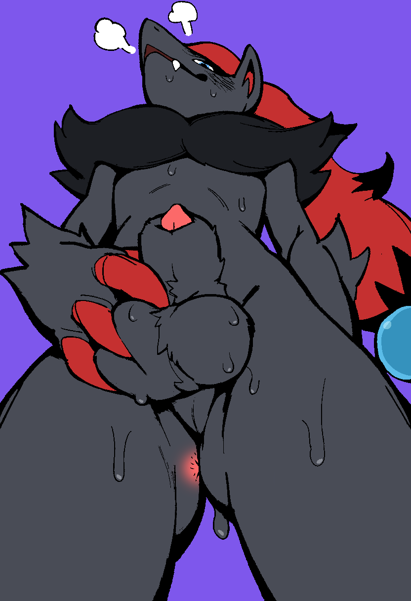 animal_genitalia anthro anus ass ball_grab ball_squish ball_tuft balls blue_eyes blush bodily_fluids breath canid canine claws digital_media_(artwork) fangs fur generation_5_pokemon genitals grey_body grey_fur hair half-erect hi_res knot looking_at_viewer looking_down looking_down_at_viewer male male_only mammal nintendo nude penis pirpole_haze pokemon pokemon_(species) red_claws red_hair sheath simple_background slightly_open_mouth smile solo squish sweat teeth tuft upward_angle zoroark