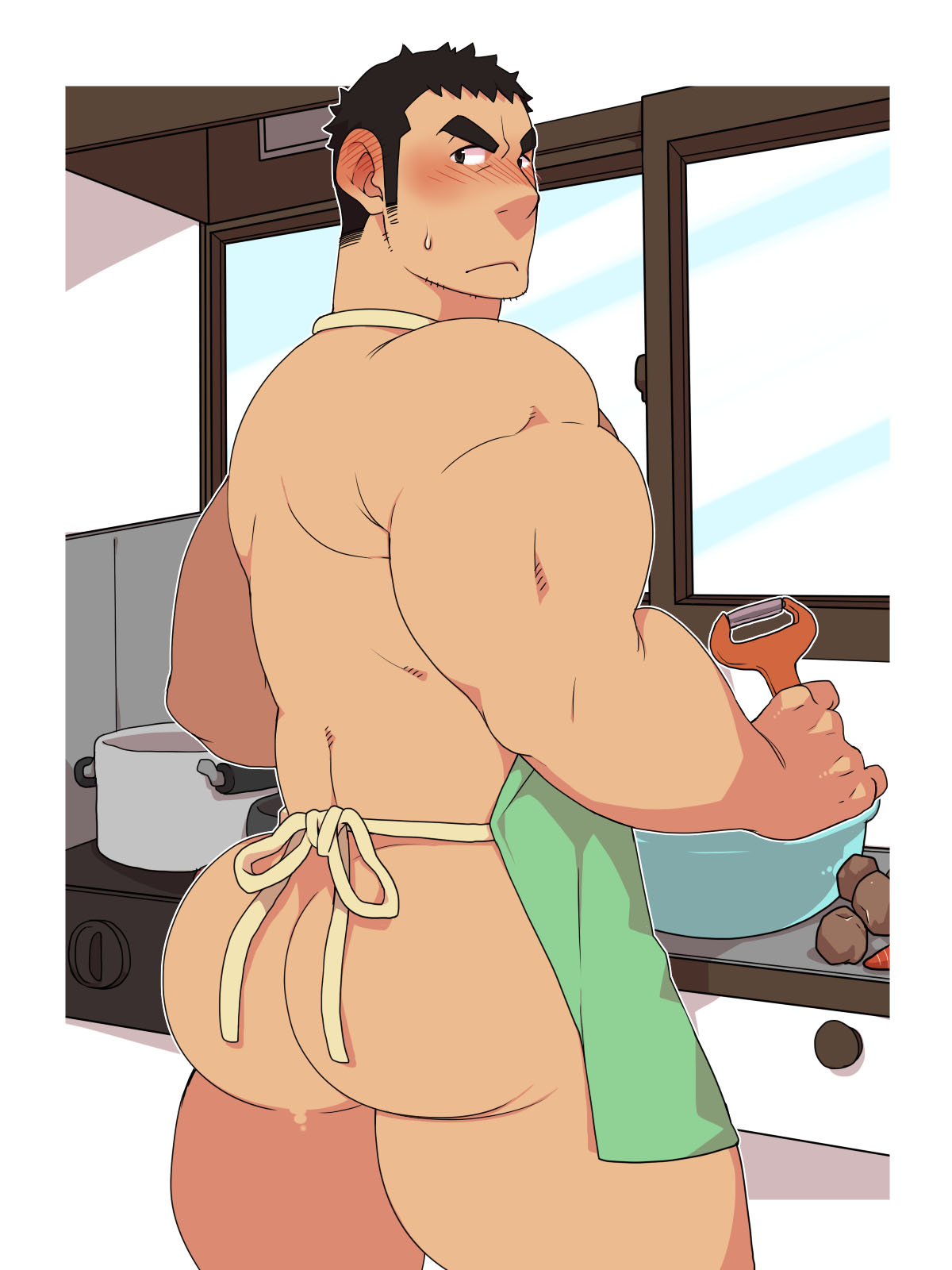 1boy, annoyed, apron, ass, back, back muscles, back view, bara, barely clothed, biceps, big ass, big butt, black eyes, black hair, blush, blushing, brown eyes, bubble ass, bubble butt, chef, cooking, food, frown, holding object, human, human only, kitchen, light skin, light-skinned male, looking back, male, male focus, male only, muscles, muscular, muscular male, nude, nude male, presenting ass, presenting butt, presenting hindquarters, solo, solo focus, solo male, stubble, takezamurai, thick ass, thick eyebrows, thick thighs, yaoi