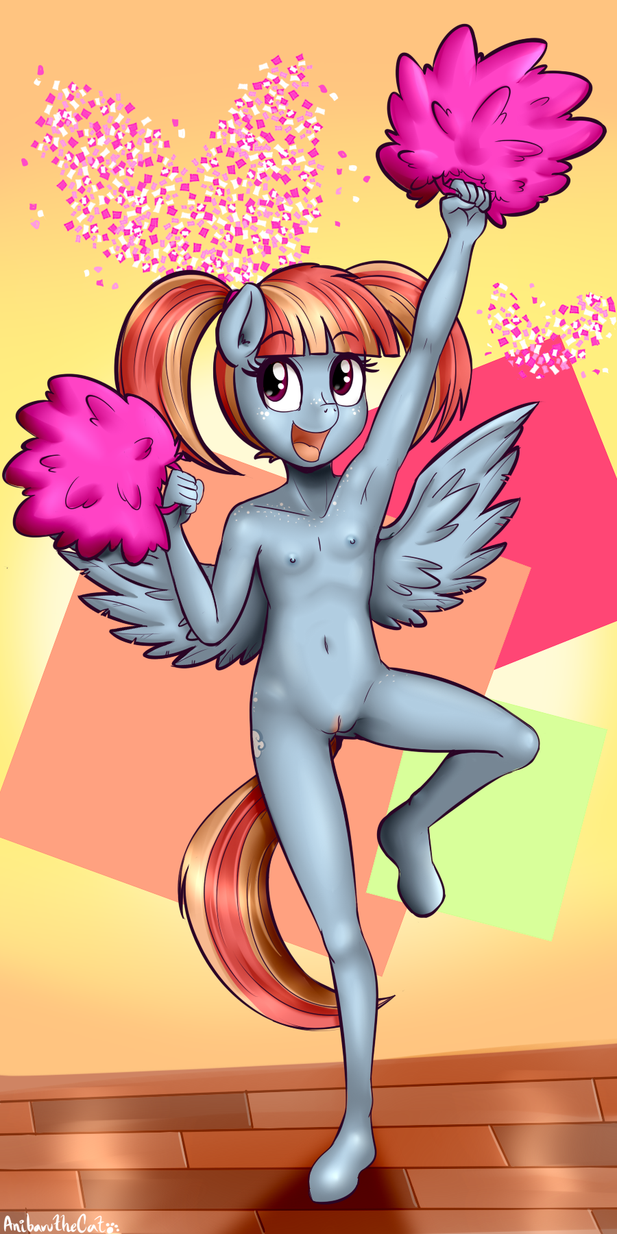 1girls anibaruthecat armpits breasts cheerleader cub cutie_mark female female_only freckles friendship_is_magic furry furry_only grey_fur grey_skin humanized my_little_pony nipples nude orange_hair orange_tail pegasus pony pussy red_eyes small_breasts smile solo tail twintails vagina windy_whistles_(mlp) wings young