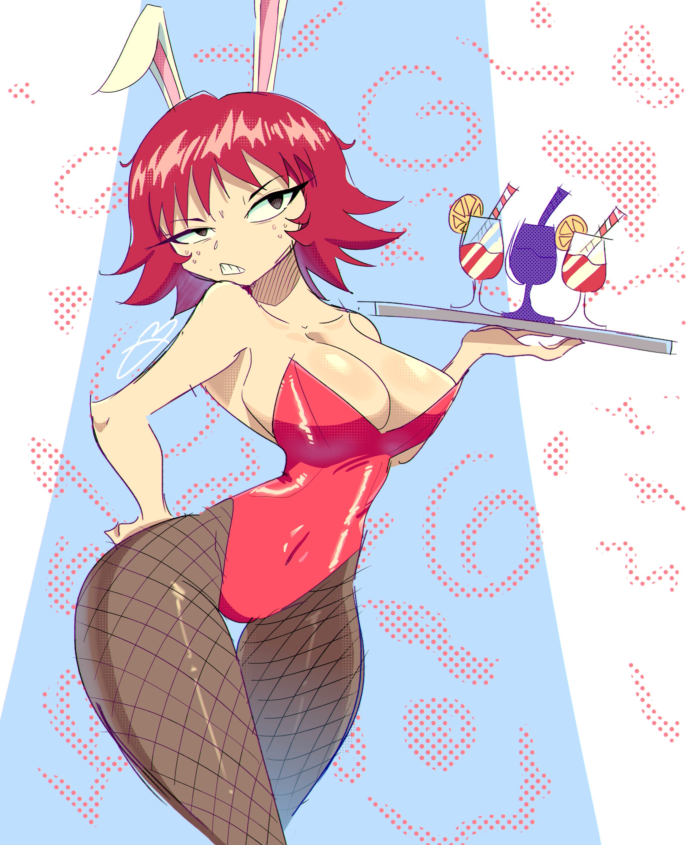 1girls, black eyes, bunny ears, bunnysuit, corbyschmorby, drink, female, fishnet legwear, fishnet pantyhose, fishnets, freckles, glass, hand on hip, holding object, kim pine, light skin, light-skinned female, red hair, scott pilgrim, short hair, solo, solo female, tray