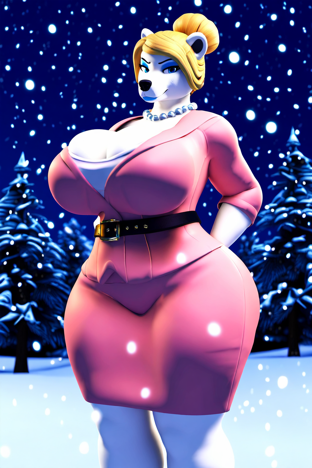 3d ai_generated blonde_hair blue_eyes blue_eyeshadow blue_lipstick cleavage cleavage_overflow eyeshadow female female_focus female_only furry furry_female furry_focus furry_only giant_breasts large_breasts looking_at_viewer majorfluffy mature_female novelai office_wear polar_bear suit_jacket thick_bottom_lip thick_thighs tight_clothing updo waist_belt wide_hips winter_background