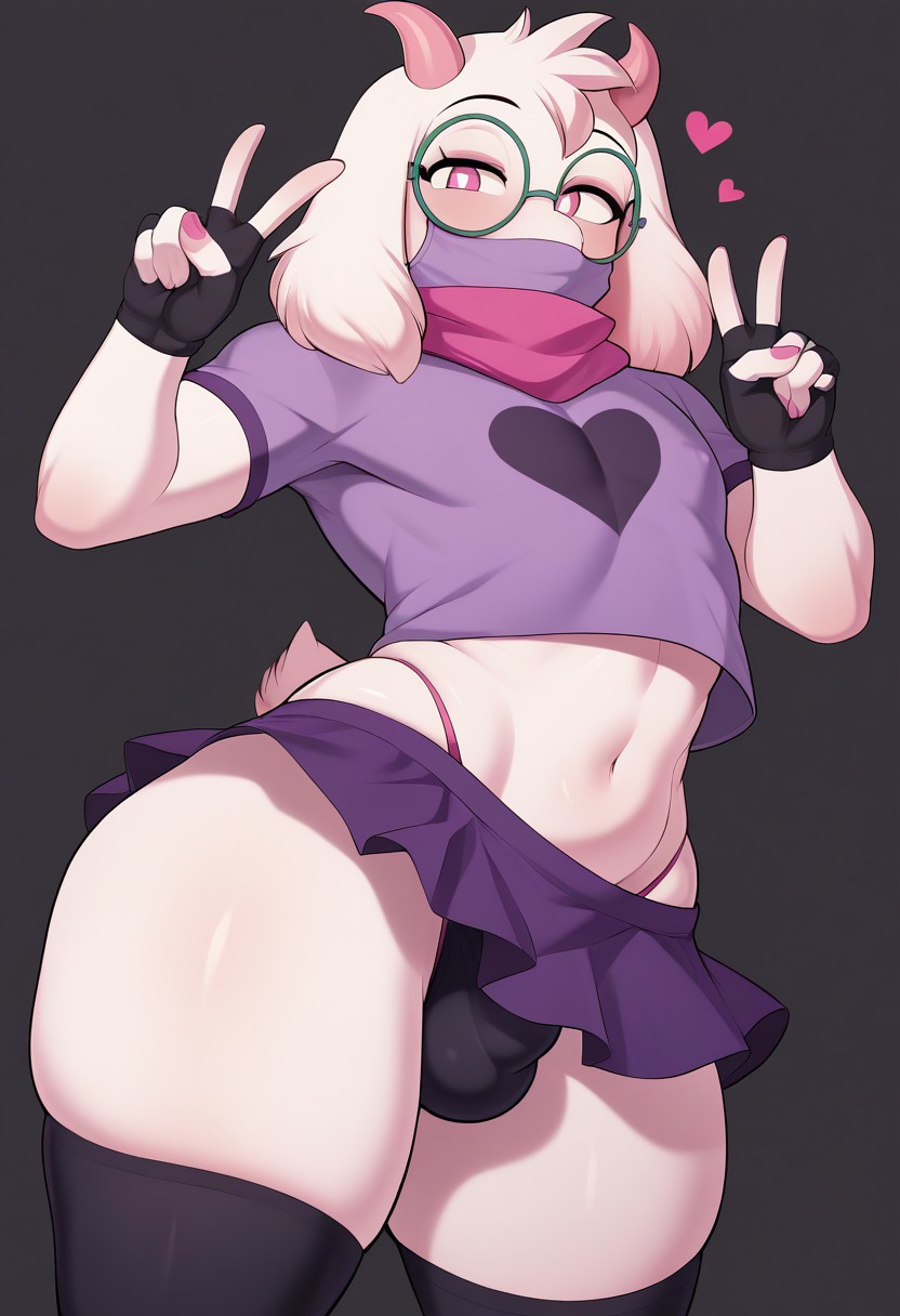 1boy ai_generated black_background bulge deltarune double_v femboy gloves goat heart horns mask monster monster_boy navel pink_eyes pink_scarf purple_shirt ralsei scarf short_shirt skirt thighhighs thong_panties white_fur