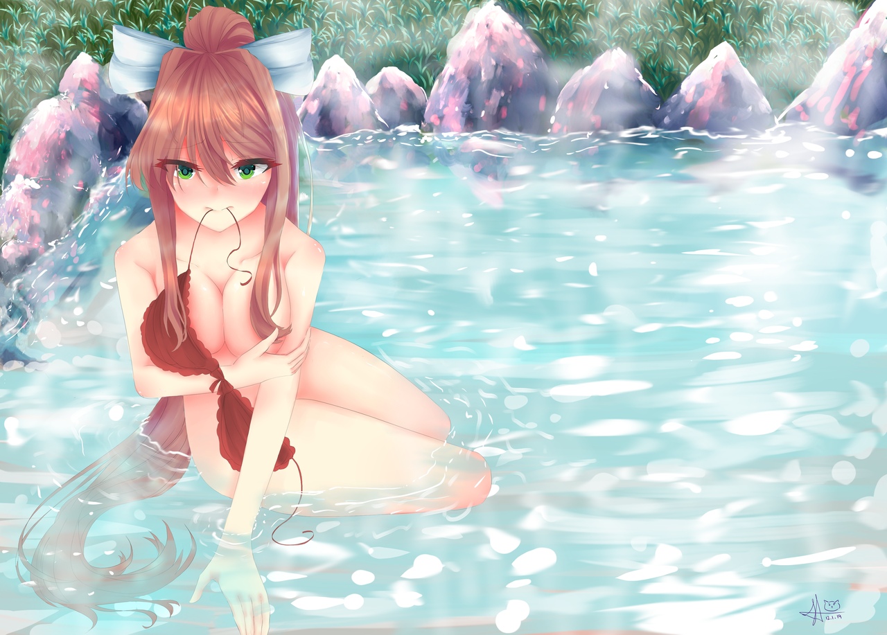 1girls, blush, bra, breasts, cleavage, covering, crunnix, doki doki literature club, eyebrows visible through hair, female, female only, green eyes, hair ornament, hair ribbon, hot spring, human, large breasts, long hair, monika (doki doki literature club), pov, pov eye contact, romantic ambiance, solo, teasing, thick thighs, untied bikini, untied bikini top, water, wholesome