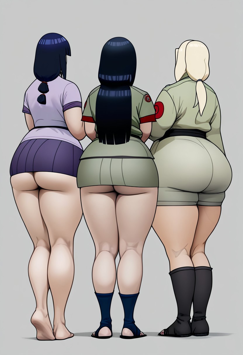 3girls ai_generated ass_peek ass_peeking_out_of_shorts boruto:_naruto_next_generations hyuuga_hanabi hyuuga_hinata looking_away medium_ass multiple_girls naruto_(series) naruto_shippuden perfect_body perfect_legs posing_for_the_viewer standing tagme tsunade viewed_from_behind