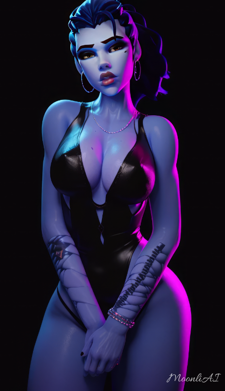 3d ai_generated amelie_lacroix blizzard_entertainment latex_suit moonliai neon_lights overwatch overwatch_2 purple_skin render widowmaker