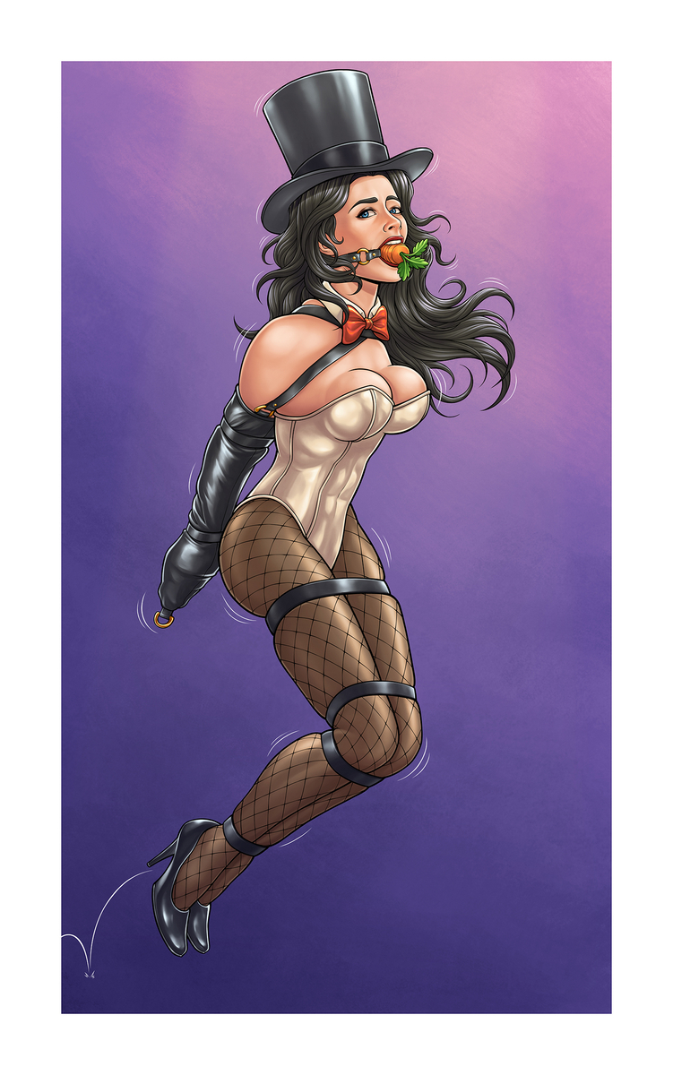 2d 2d_(artwork) armbinder bondage bound bunny_ears bunny_girl bunnysuit carrot carrot_gag cleavage dc dc_comics female female_focus female_only femsub fully_clothed gag gagged high_heels hopping human humanoid jumping light_skin light_skinned_female perilchaser revealing_clothes zatanna