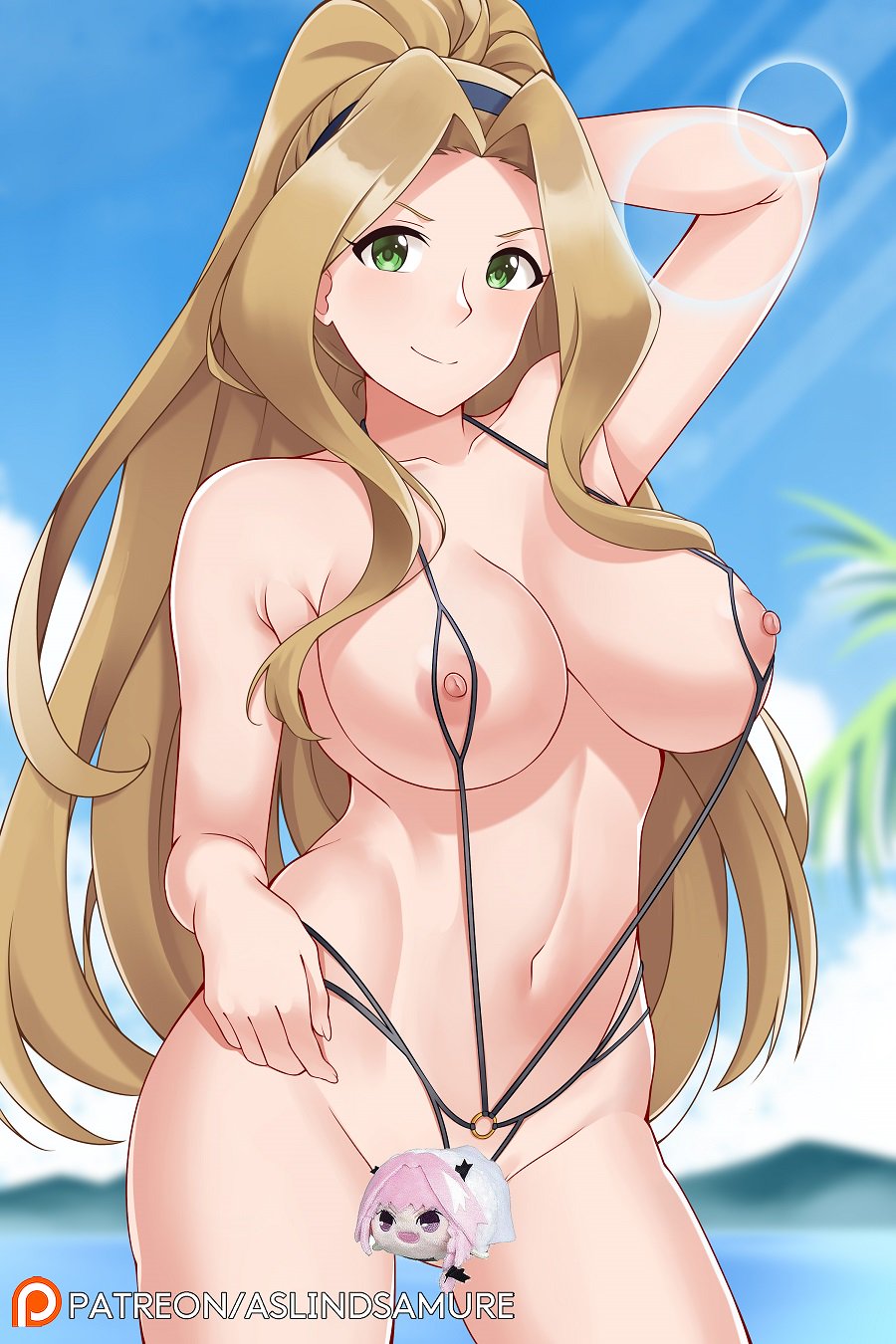 arm_behind_head arm_up aslindsamure astolfo_(fate) bangs beach blue_sky breasts brown_hair censored closed_mouth collarbone day fate/apocrypha fate_(series) female green_eyes hair_intakes hairband haunted_astolfo_bean_plush highres hip_focus idolmaster idolmaster_million_live! large_breasts lens_flare long_hair looking_at_viewer navel nikaidou_chizuru novelty_censor ponytail revealing_clothes sky sling_bikini smile solo swimsuit thighs very_long_hair