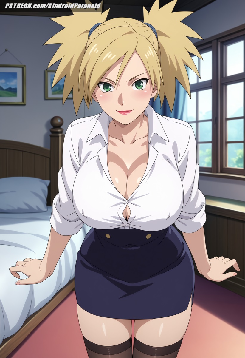 ai generated, aindroidparanoid, big breasts, blonde hair, breasts, buns, cleavage, female, female only, green eyes, huge breasts, indoors, large breasts, lips, lipstick, mature, mature female, milf, miniskirt, mommy, narrow waist, naruto, naruto (series), naruto: the last, ninja, nipples, office, office lady, parted lips, shirt, short hair, skirt, slim waist, spiked hair, stable diffusion, taller female, temari