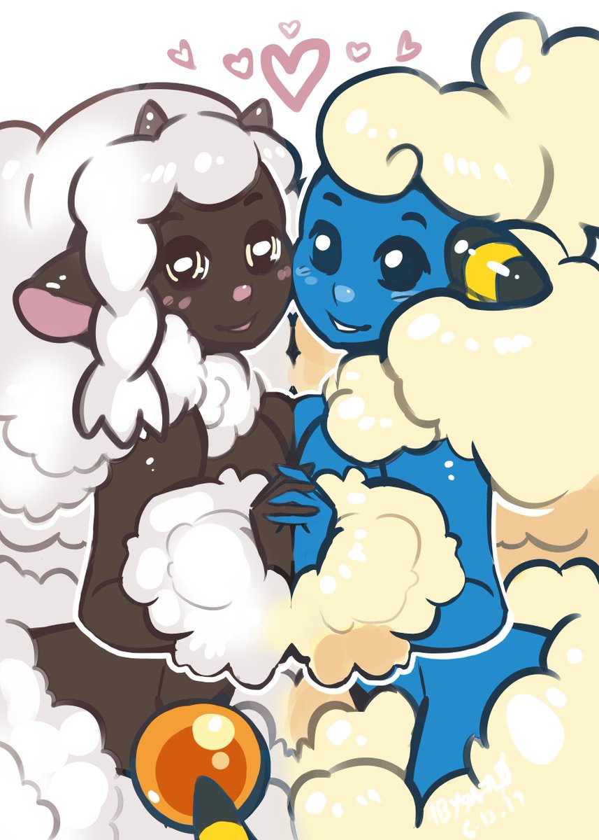 2girls abysmal0 animal_ears animal_humanoid anthro anthrofied big_ears blue_eyes blue_skin blush breast_frottage breast_press breasts cleavage dark_skin female female_only fluffy furry heart holding_hands looking_at_viewer mareep nintendo nude pokemon pokemon_(species) pokemon_gsc pokemon_ss sheep smile stripes tail white_background white_fur wool wooloo yellow_eyes yellow_fur yuri