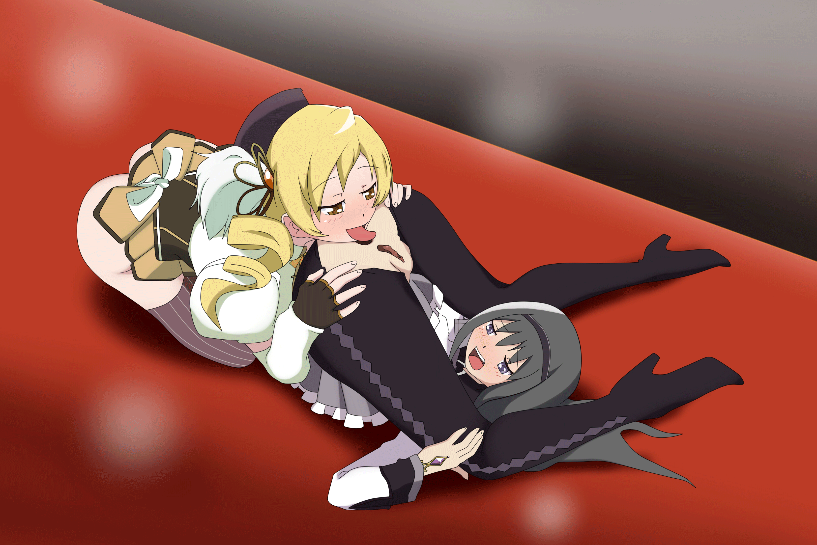 2girls, akemi homura, anilingus, animated, anus, ass, ass in air, black hair, blonde hair, blush, bottomless, clothed sex, clothing, cristalmanor, drill hair, embarrassed, female, female only, forced, gem, hands on ass, hat, high heel boots, high heels, kneeling, legs over head, licking, long hair, magical girl, mahou shoujo madoka magica, multiple females, multiple girls, open mouth, oral, purple eyes, pussy, rimjob, rimming, ripped clothing, ripped pantyhose, runway, skirt, spread ass, stockings, tomoe mami, tongue, tongue out, yellow eyes, yuri