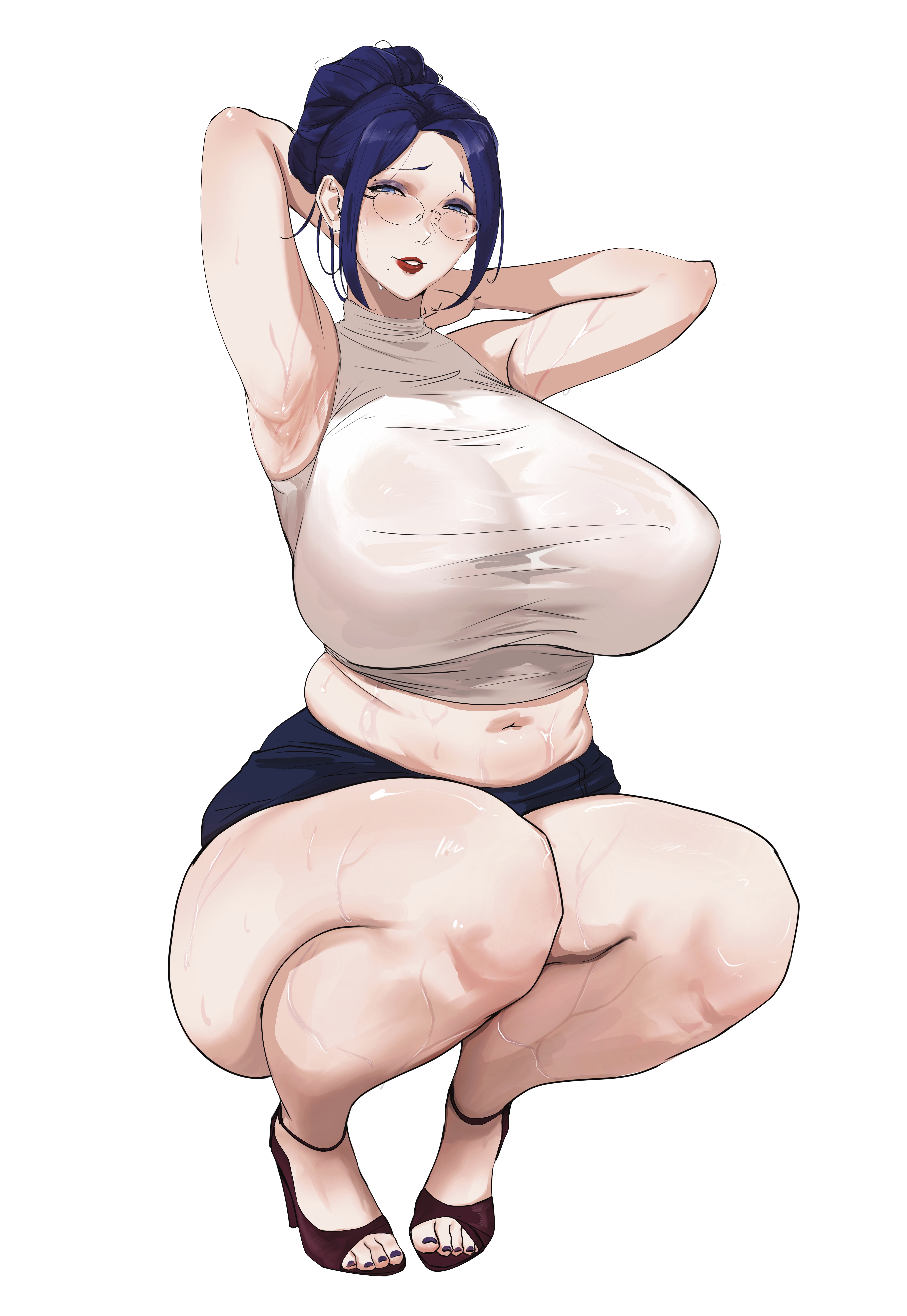 1girls, absurd res, armpits, blue eyes, breasts, clothed, clothing, female, female only, footwear, glasses, hi res, high heels, huge breasts, lulu95402099, mature, mature female, milf, mole, mole under mouth, navel, original, purple hair, purple toenails, skirt, solo, solo female, thick thighs, toenail polish, wide hips