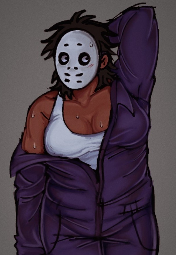 1girls, artist request, black hair, blush lines, blushing, breasts, clothed, clothes falling off, cute, female, hands behind head, hellen (look outside), hockey mask, look outside, looking away, looking to the side, masked female, medium breasts, muscular female, solo, sweat, sweaty, sweaty body, white tank top