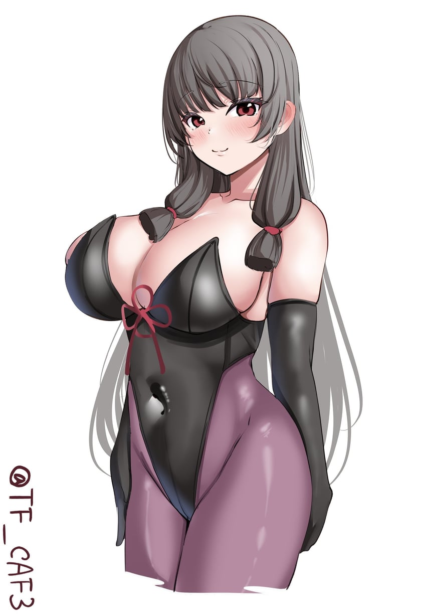 1girls alternate_breast_size alternate_costume black_gloves black_hair black_leotard black_pantyhose blush breasts collarbone cowboy_shot elbow_gloves gloves hair_between_eyes hair_ribbon highres isokaze_(kantai_collection) kantai_collection large_breasts leotard long_hair looking_at_viewer one-hour_drawing_challenge pantyhose red_eyes ribbon simple_background smile solo strapless strapless_leotard tf_cafe tress_ribbon twitter_username white_background