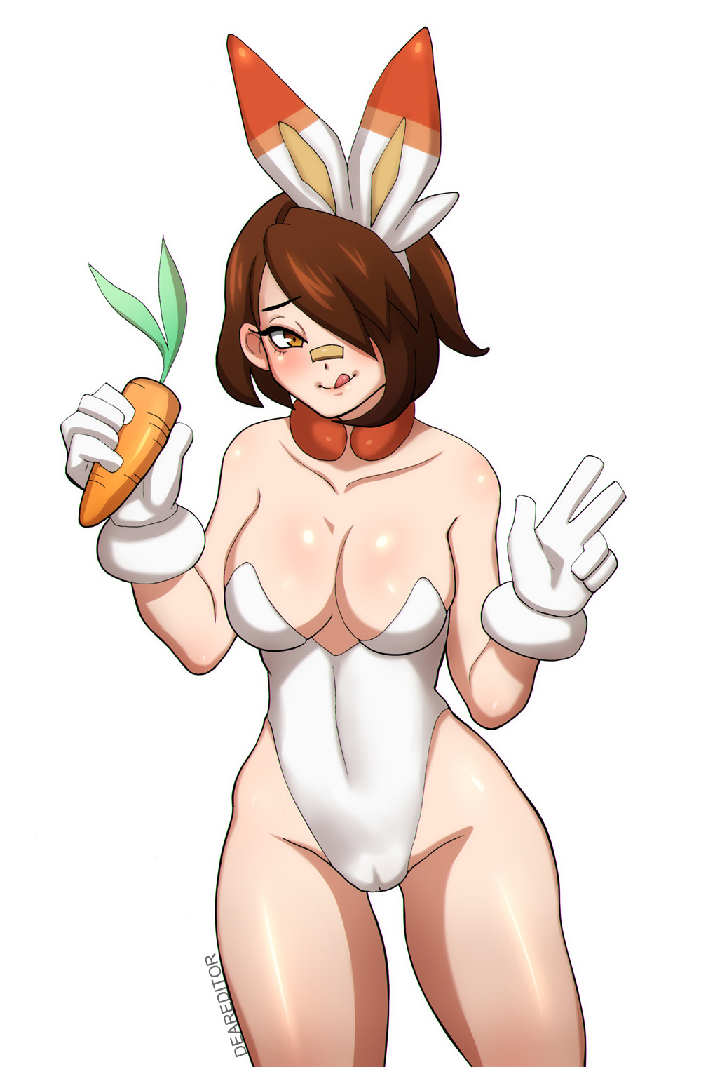 1girls bad_censor brown_eyes brown_hair bunny_girl censored cleavage cosplay covered_nipples covering deareditor female female_only fully_clothed gijinka gloria_(pokemon) human human_only humanized humanized_pokemon licking_lips personification pokemon pokemon_(cosplay) pokemon_ss revealing_clothes scorbunny_(cosplay) solo solo_female tongue white_background