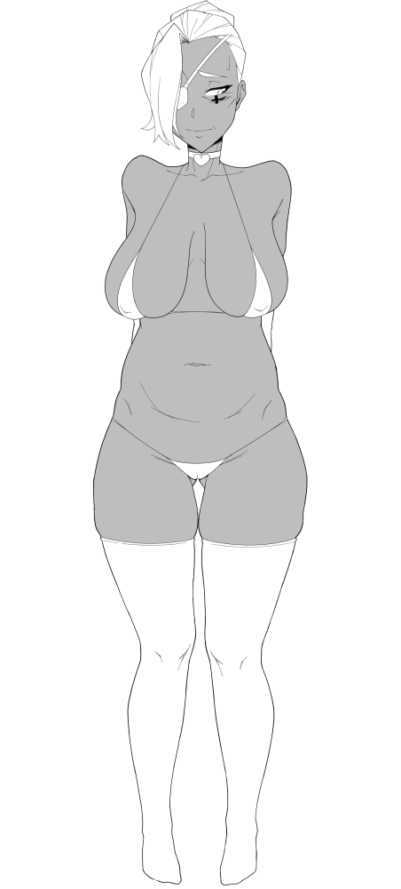 2d, alternate costume, ana amari, big breasts, blizzard entertainment, breasts, cleavage, dark skin, dark-skinned female, female, female only, gilf, khexxi, large breasts, looking at viewer, mature, mature female, monochrome, old ana amari, overwatch, sagging breasts, solo, thighhighs, white hair