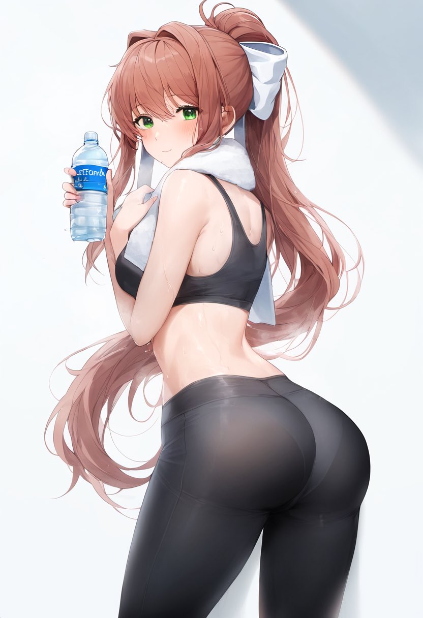 ai generated, ass, blush, breasts, doki doki literature club, female, female only, gym clothes, monika (doki doki literature club), nai diffusion, sideboob, smile, solo, stable diffusion, tagme, white bow