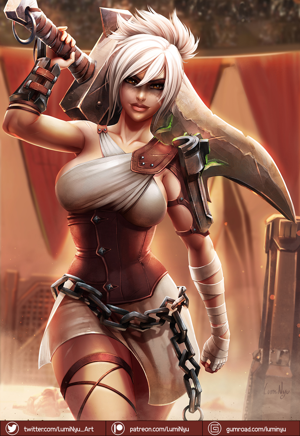 1girls, alternate version available, athletic female, background, breasts, chains, clothed, clothing, female, female only, fit female, full lips, hourglass figure, human, human female, large breasts, league of legends, light-skinned female, lips, looking at viewer, luminyu, makeup, muscles, muscular, muscular female, open eyes, riot games, riven, scar, short hair, sideboob, slim waist, solo, solo focus, sword, thick thighs, weapon, white hair, wide hips