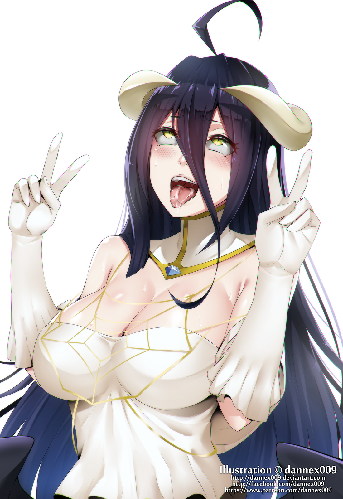 ahe gao, albedo (overlord), blush, breasts, cleavage, dannex009, demon, female, female only, horns, open mouth, overlord (maruyama), solo, succubus, tongue, tongue out