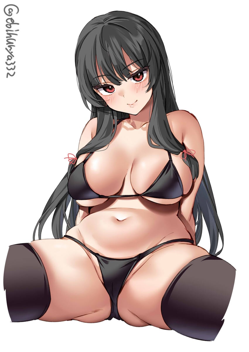 1girls alternate_costume bikini black_bikini black_hair black_thighhighs blush breasts closed_mouth collarbone cropped_legs ebifurya female highres isokaze_(kantai_collection) kantai_collection large_breasts long_hair looking_at_viewer navel one-hour_drawing_challenge red_eyes sideboob sidelocks simple_background skindentation smile solo spread_legs stomach swimsuit thighhighs twitter_username underboob white_background