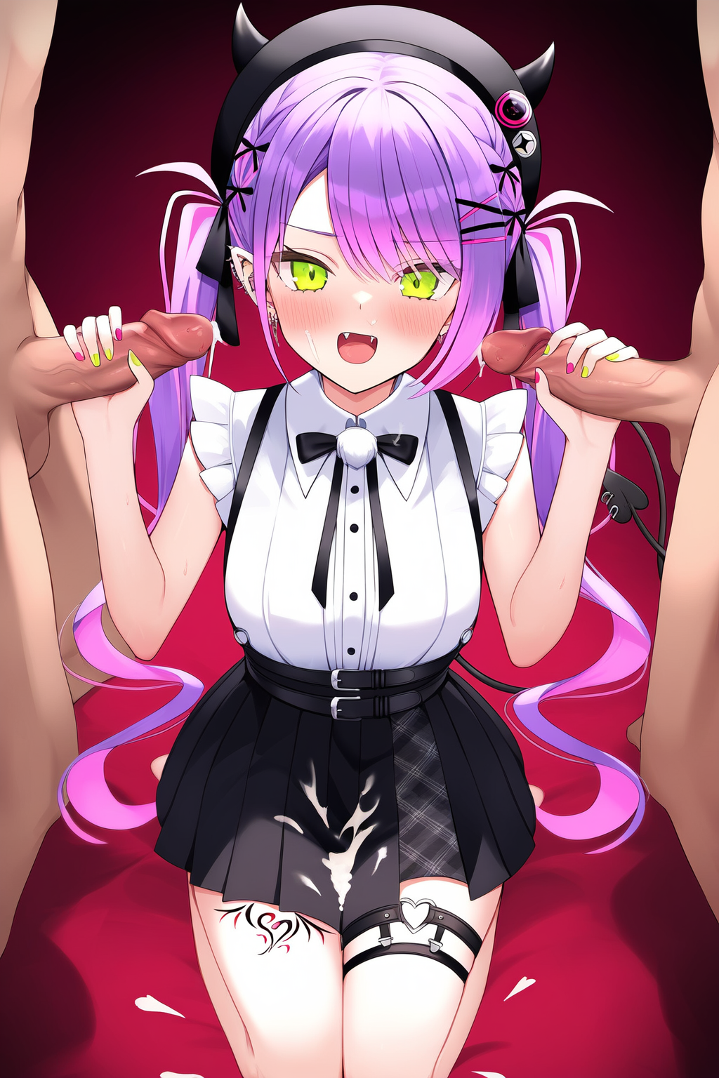 1girls 2boys ai_generated blush blushing cum cum_drip cum_on_face cumshot demon demon_girl demon_tail gangbang green_eyes handjob heart heart_symbol highres hololive hololive_japan leg_tattoo looking_at_viewer looking_pleasured looking_up multicolored_hair multicolored_nails multiple_boys multiple_penises nail_polish nails on_bed open_mouth pink_hair pov pov_eye_contact purple_hair stroking stroking_cock stroking_penis tagme tagme_(artist) tail tattoo tattoo_on_legs tokoyami_towa twintails twintails_(hairstyle) virtual_youtuber