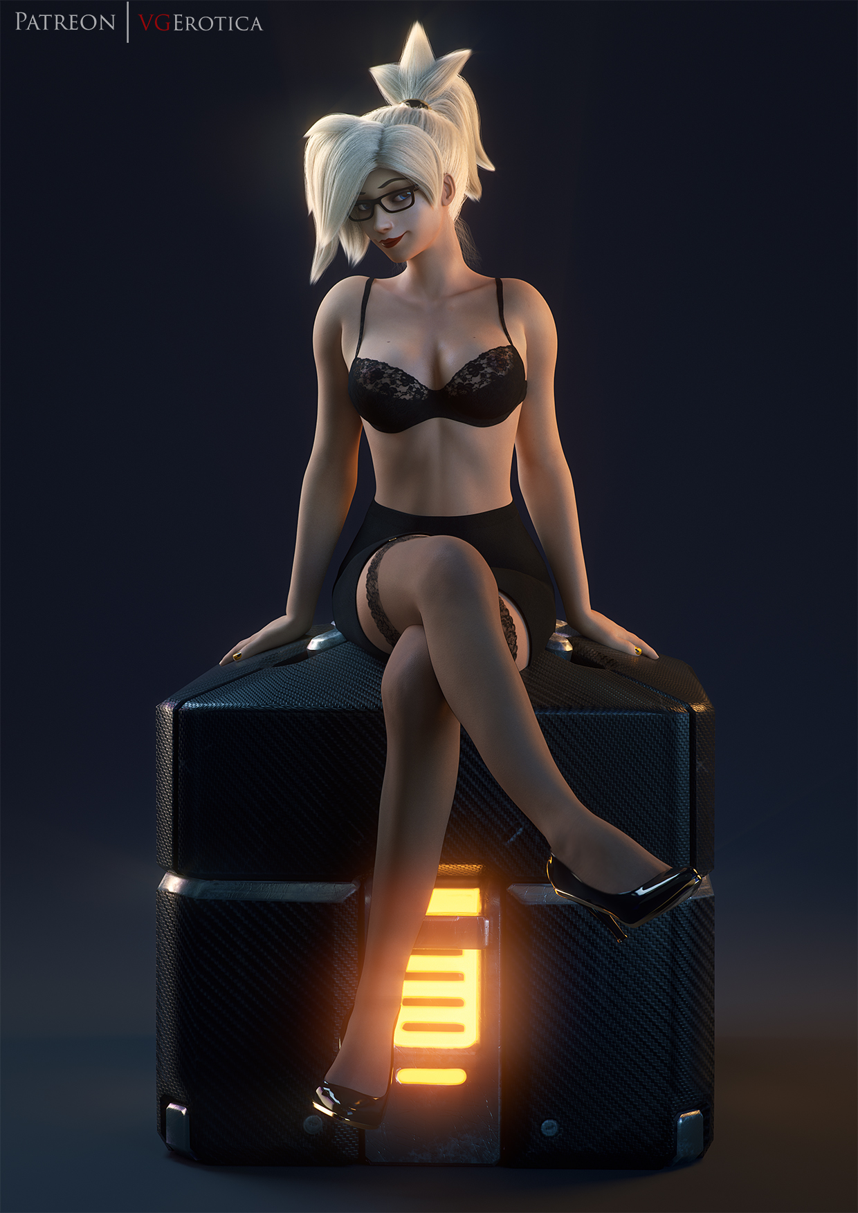 1girls, 3d, autodesk maya, blizzard entertainment, blonde hair, blue eyes, bra, female, female only, glasses, high heels, looking at viewer, lootbox, mercy, overwatch, pinup, sitting, solo, thighhighs, vgerotica