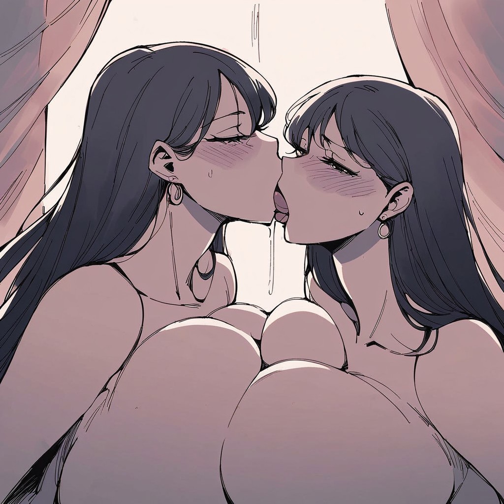 2girls ai_generated big_breasts blush breast_press breast_to_breast french_kiss huge_breasts kissing mamaguevin milf mother_and_daughter naked voluptuous young yuri