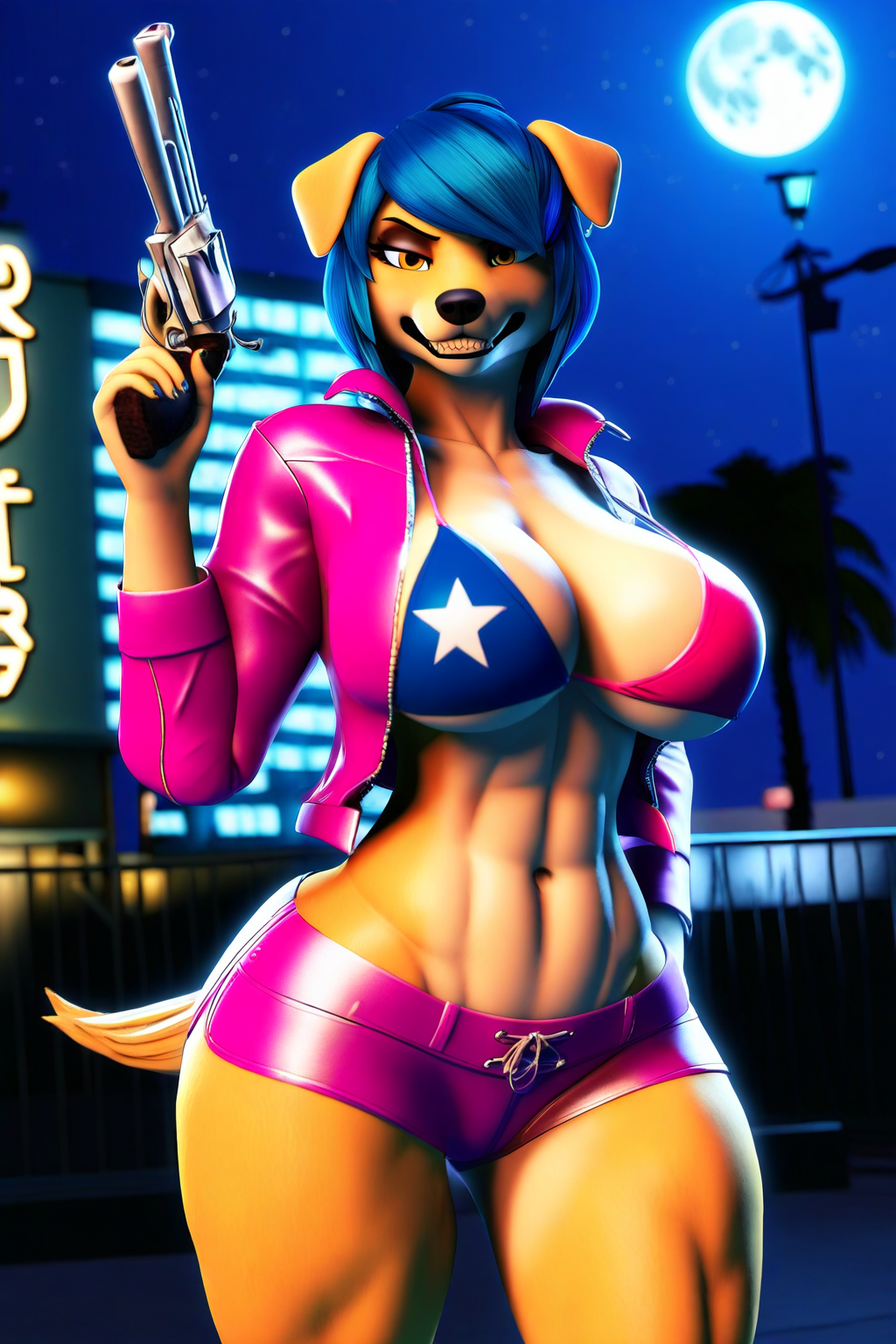 3d abs ai_generated blue_eyes brown_eyes cleavage eyeshadow female female_focus female_only flag_bikini full_moon furry furry_female furry_focus furry_only golden_retreiver holding_gun jacket large_breasts looking_at_viewer majorfluffy mature_female muscular_thighs night novelai pink_jacket pink_shorts ranged_weapon revolver short_shorts smile thick_thighs vice_city