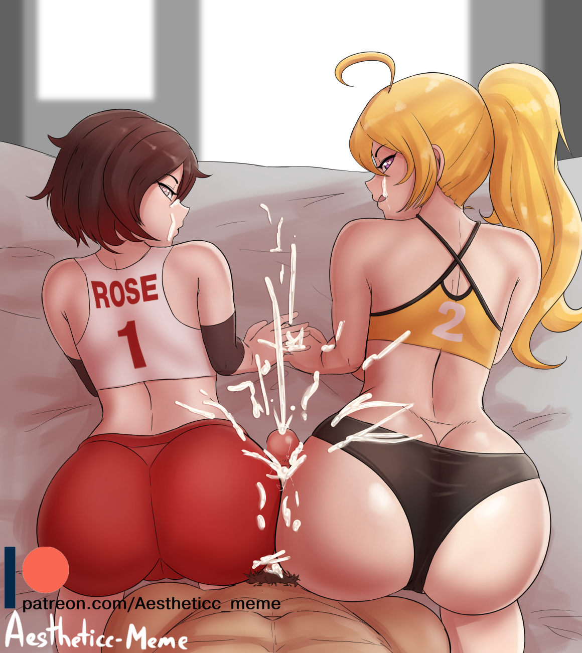1boy, 2girls, aestheticc-meme, annoying watermark, ass, assjob, blonde hair, buttjob, clothed female nude male, covered assjob, covered buttjob, cum, cum on face, cumshot, double buttjob, erection, facial, female, ffm threesome, gym uniform, heart-shaped pupils, large penis, light skin, light-skinned female, light-skinned male, male, male pov, penis, pov, pov eye contact, ruby rose, rwby, shimaidon, sisters, sports bra, sportswear, straight, text, threesome, tight clothing, url, watermark, yang xiao long