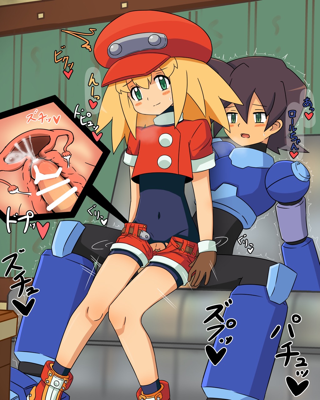 1boy 1girls blonde_hair blush breasts brown_hair censored clothed_sex clothing cum cum_in_pussy cum_in_uterus cum_inside fallopian_tubes female furanshisu green_eyes highres legs_together long_hair male mega_man mega_man_legends mega_man_volnutt ovaries penetration penis pussy rock_volnutt rockman roll_caskett sex short shorts_down small_breasts text_focus torn_clothes uterus vaginal_penetration x-ray