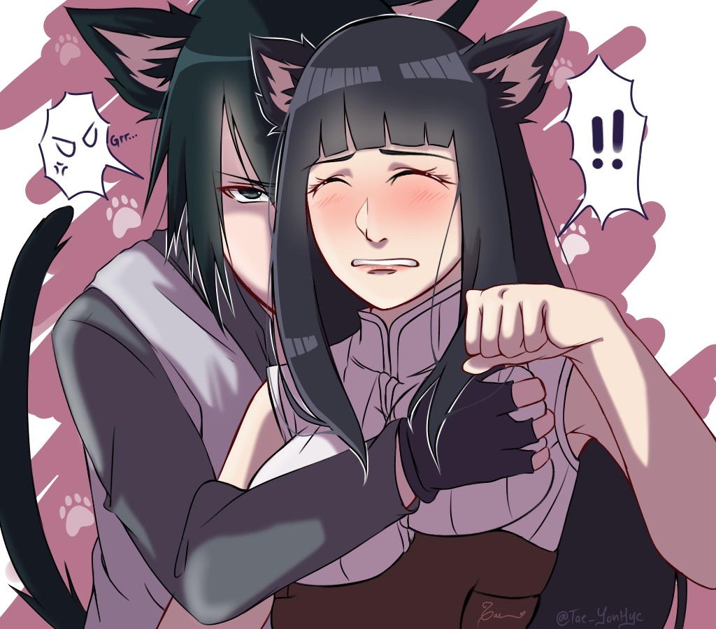1boy, 1girls, big breasts, black eyes, black hair, blue hair, blush, boruto: naruto next generations, breast grab, breast squeeze, breasts, busty, cat ears, cat tail, closed eyes, clothing, female, from behind, from behind position, fully clothed, hand on breast, hyuuga hinata, hyuuga hinata (naruto: the last), looking at viewer, male, mature female, milf, naruto, naruto (series), naruto shippuden, naruto: the last, sasuke uchiha, straight, tomasuncher, uchiha sasuke