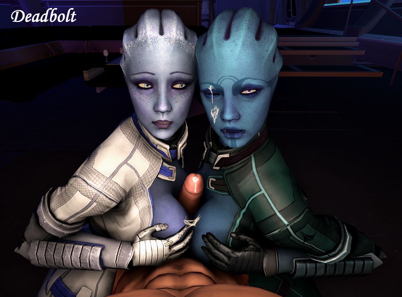 1boy 2girls 3d aria_t'loak asari between_breasts blue_eyes blue_skin cleavage clothed_female_nude_male clothing commander_shepard cum cum_on_breasts cum_on_eye cum_on_face cumshot deadboltreturns double_paizuri ffm_threesome gloves hand_on_breast liara_t'soni looking_at_partner maleshep mass_effect medium_breasts multiple_girls one_eye_closed paizuri penis pov sfm source_filmmaker surprised teamwork threesome unseen_male_face