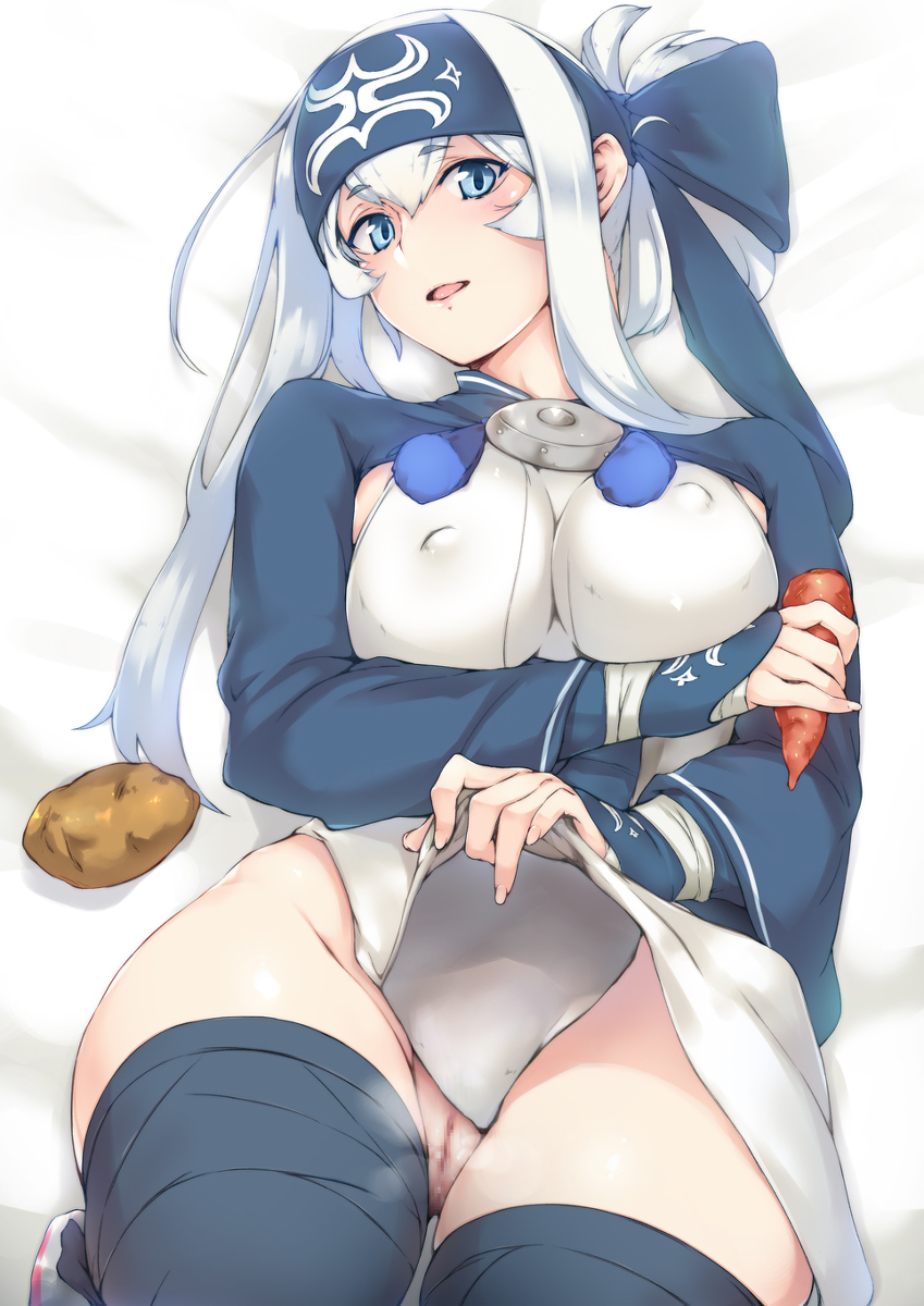 10s 1girls ainu_clothes bed_sheet black_legwear blue_eyes carrot censored erect_nipples exposed_pussy female fingernails headband highres kamoi_(kantai_collection) kantai_collection long_hair long_sleeves looking_at_viewer lying mosaic_censoring no_panties on_back open_mouth potato pussy smile solo thick_eyebrows thighhighs white_hair yui.h