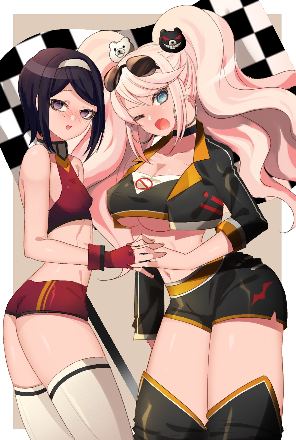 2girls big_breasts black_hair blonde_hair blue_eyes blush boots clothed danganronpa erect_nipples female female_only freckles glasses glasses_on_head gloves gyaru hairpin junko_enoshima ks mukuro_ikusaba open_mouth purple_eyes red_nails short_hair shorts sister straight_hair twintails wink