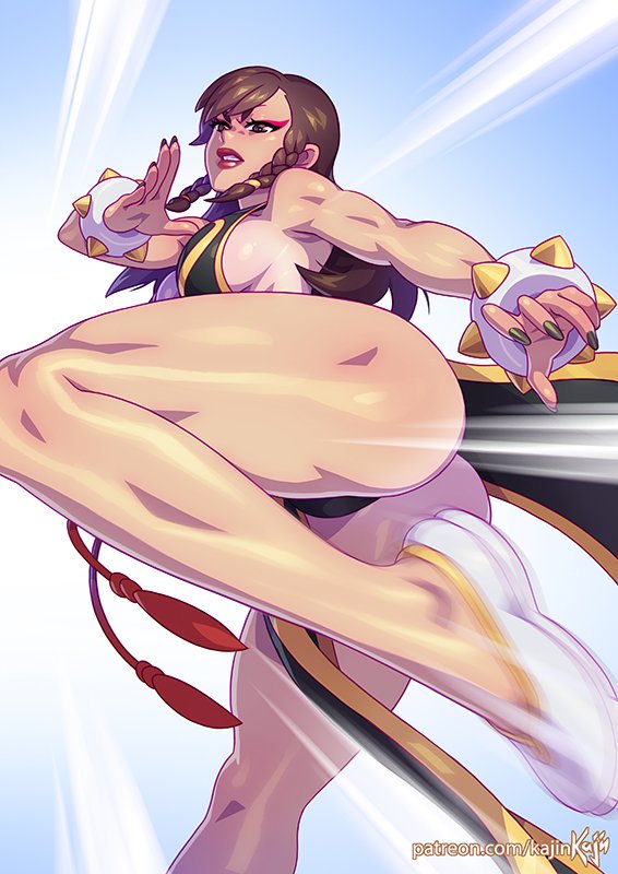 alternate costume, alternate hairstyle, ass, big ass, bracelet, breasts, brown hair, capcom, chun-li, chun-li (battle ouffit sfv), clothing, curvy, female, female only, hair, kajinman, long hair, makeup, mature female, milf, no bra, sideboob, solo, street fighter, thick thighs, thighs, video games