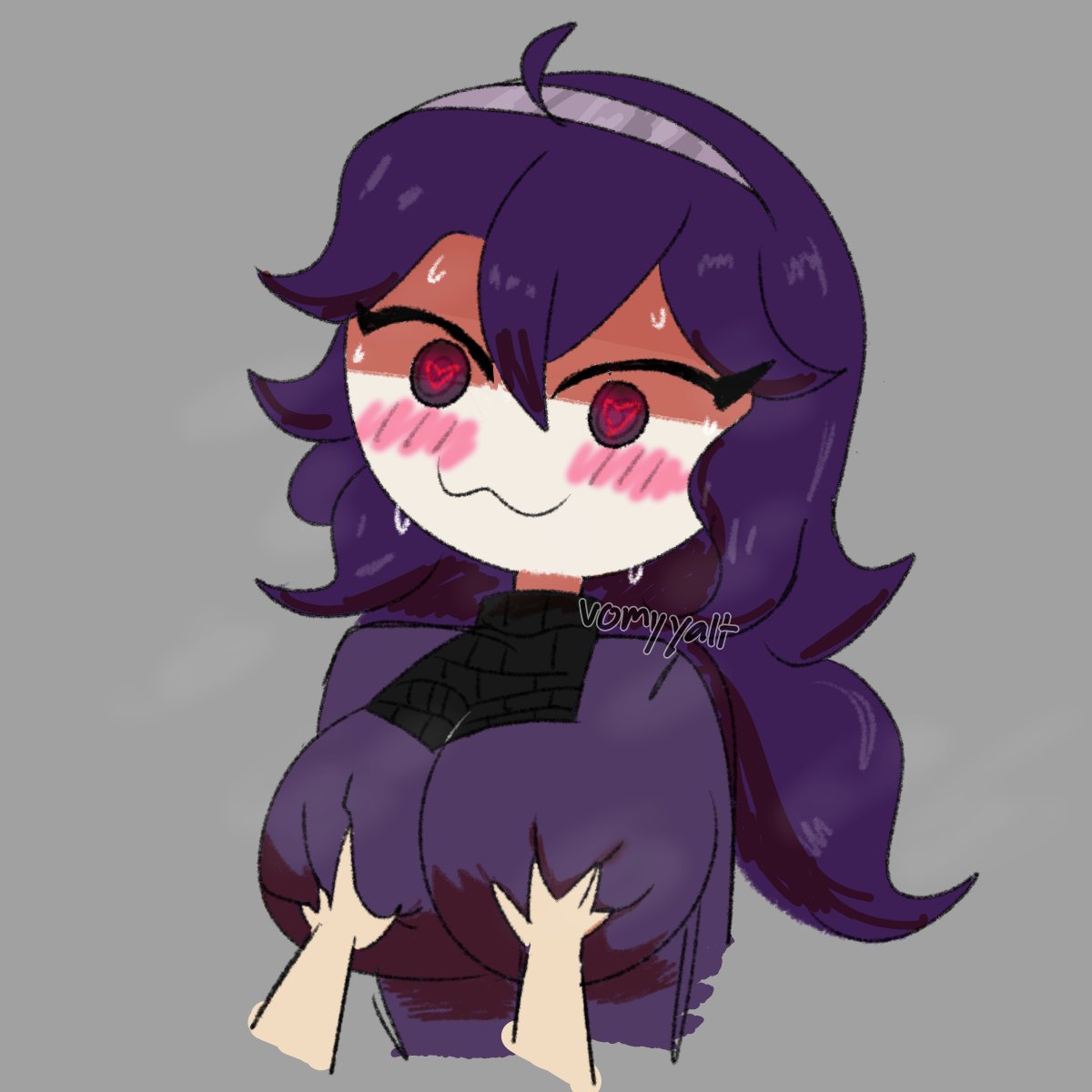 :3 blush breasts_grab dress heart-shaped_pupils hex_maniac human looking_at_viewer oto_mono pokemon purple_eyes purple_hair spiral_eyes sweat sweater