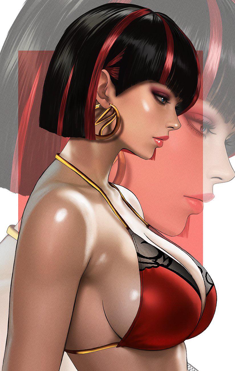 1girls, anna williams, big breasts, bikini, breasts, cleavage, earrings, eyeshadow, female, female only, kittymiya, lipstick, makeup, red eyeshadow, red lipstick, red makeup, sideboob, tekken, tekken 8