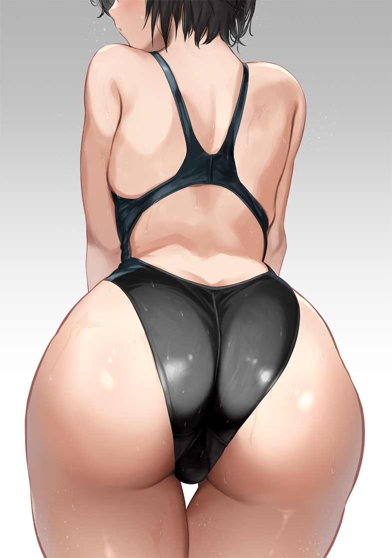 amagami, ass, back cutout, bare shoulders, black hair, black one-piece swimsuit, clothing cutout, competition swimsuit, female, from behind, highleg, highleg one-piece swimsuit, nanasaki ai, one-piece swimsuit, racerback, serizawa (serizawaroom), short hair, simple background, solo, swimsuit, wet