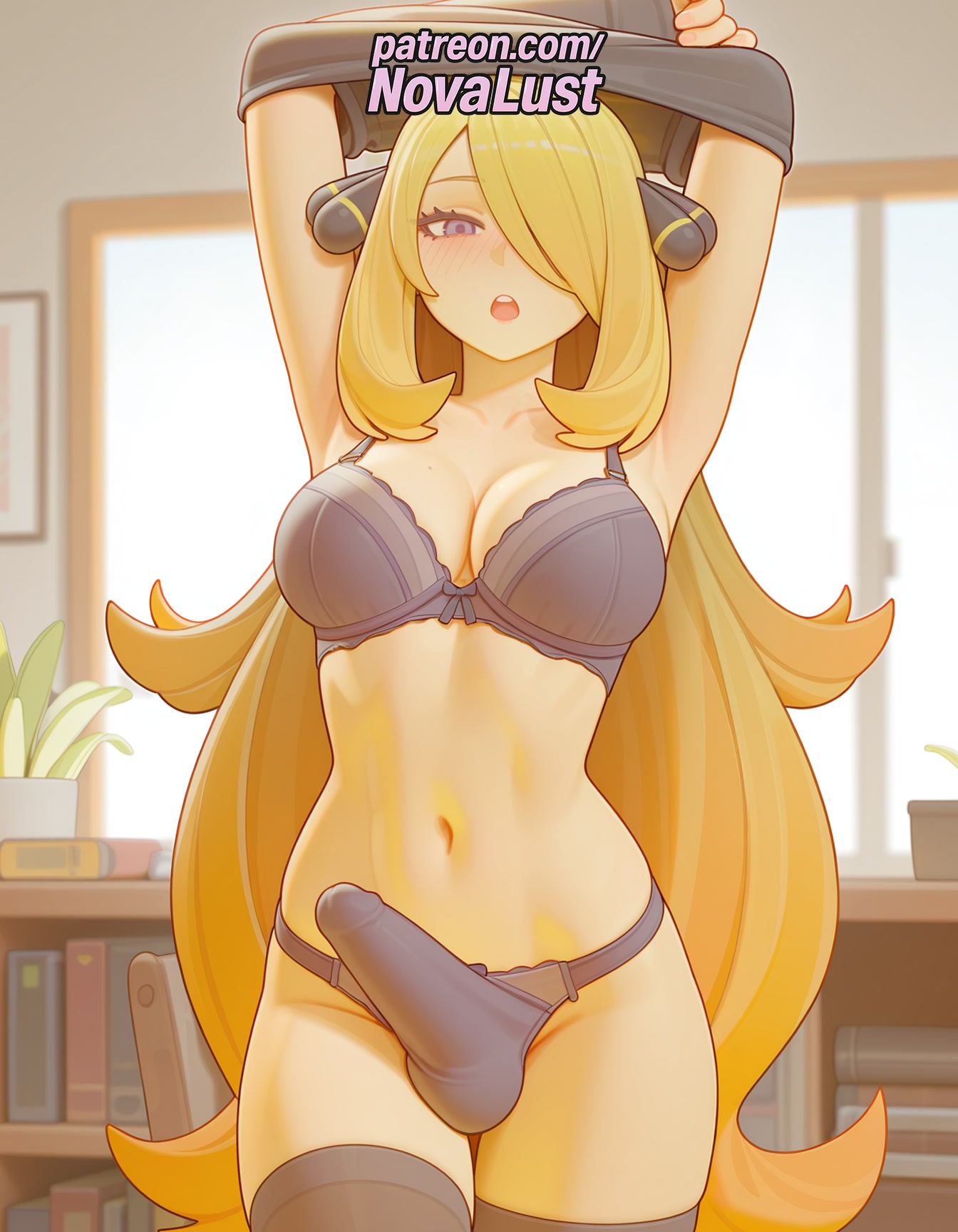 1boy, 1futa, 2025, ai generated, armpits, arms up, artist name, balls, blonde hair, bra, breasts, bulge, cock, cynthia (pokemon), dick, foreskin, futanari, hair over one eye, hi res, high quality, high resolution, highres, indoors, intersex, long hair, male, navel, nintendo, novalust, open mouth, panties, patreon, patreon username, penis, pokemon, solo, stable diffusion, tail, testicles, thighhighs, toned, uncircumcised, underwear, undressing, very long hair, watermark, window