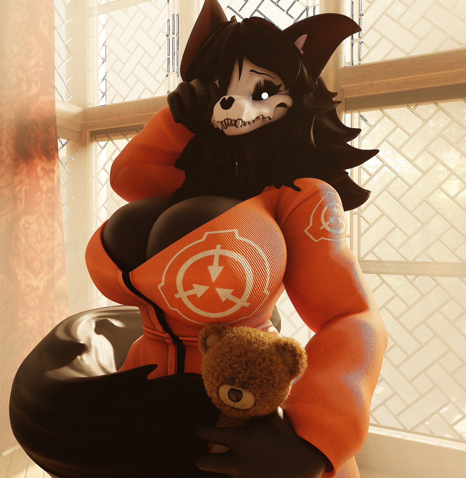 1girls, 3d, adorable, big breasts, breasts, cleavage, cute, female, goldenfoxythefox, huge breasts, jumpsuit, looking at viewer, mal0, malo, rubbing eye, scp foundation, scp-1471, scp-1471-a, scp-1471-a (da.nilkaz), solo, teddy bear, tired, too cute