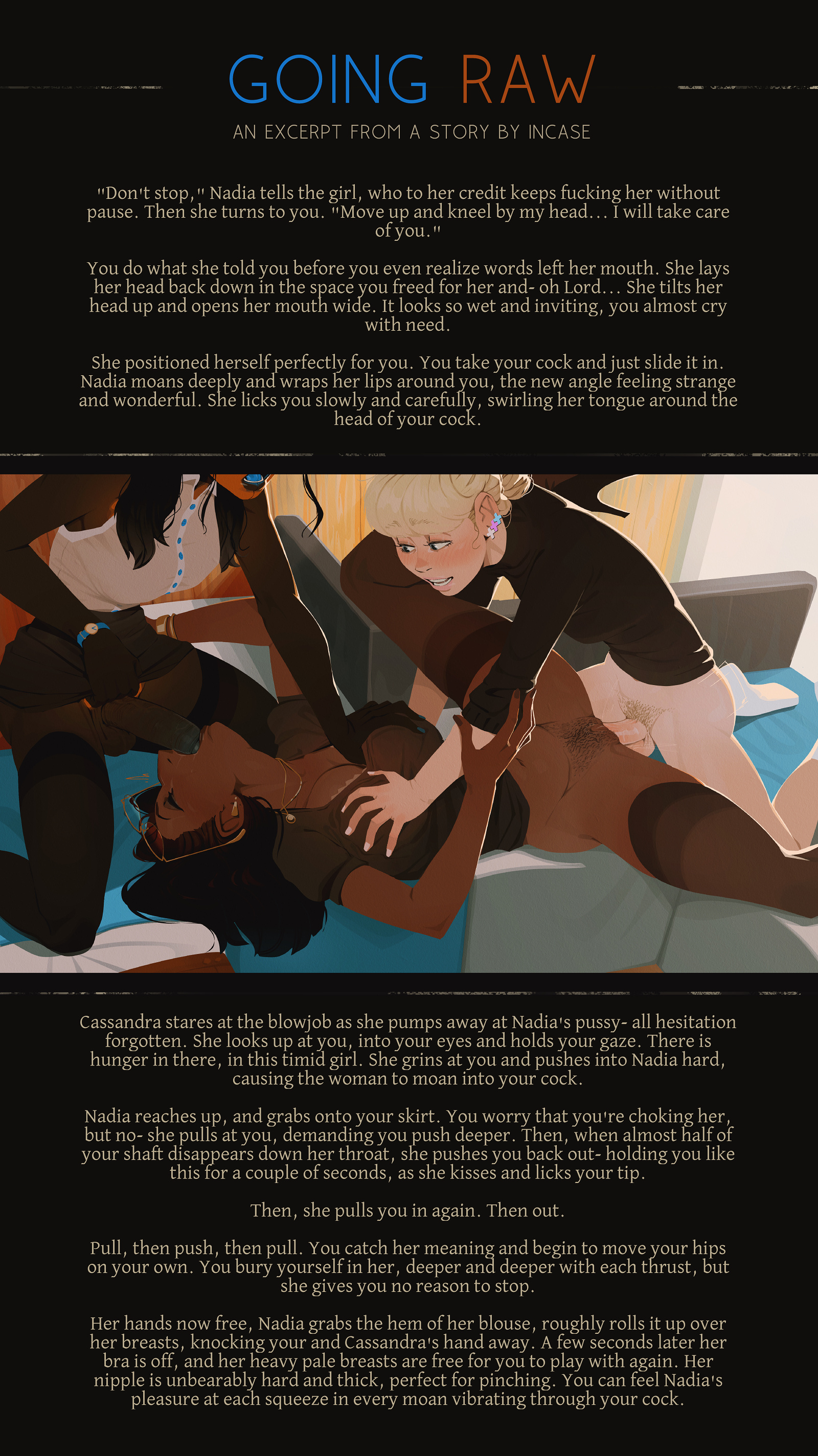 1girls, 2futas, 2futas1girl, alien, alien futa, balls, black hair, blonde futa, blonde hair, blue tongue, bottomless, bottomless female, bottomless futa, breast grab, breasts, chocolate and vanilla, closed eyes, clothed, clothed sex, dark skin, dark-skinned female, dark-skinned futa, ddf threesome, dickgirl, dickgirl/female, double breast grab, earrings, english text, fellatio, female, female penetrated, futa on female, futa penetrating, futa penetrating female, futanari, group, group sex, hair bun, hairy, hairy pussy, high heels, human, human futa, incase, interracial, intersex, intersex/female, interspecies, leg up, light skin, light-skinned futa, long hair, medium breasts, missionary position, nadia petrova (incase), office, oral, original, penis, puazi, pubic hair, pussy, revision, sex, skirt, skirt lift, spitroast, spread legs, story, story at source, thighhighs, threesome, trans woman, transgender pride colors, trio, vaginal penetration, vaginal sex