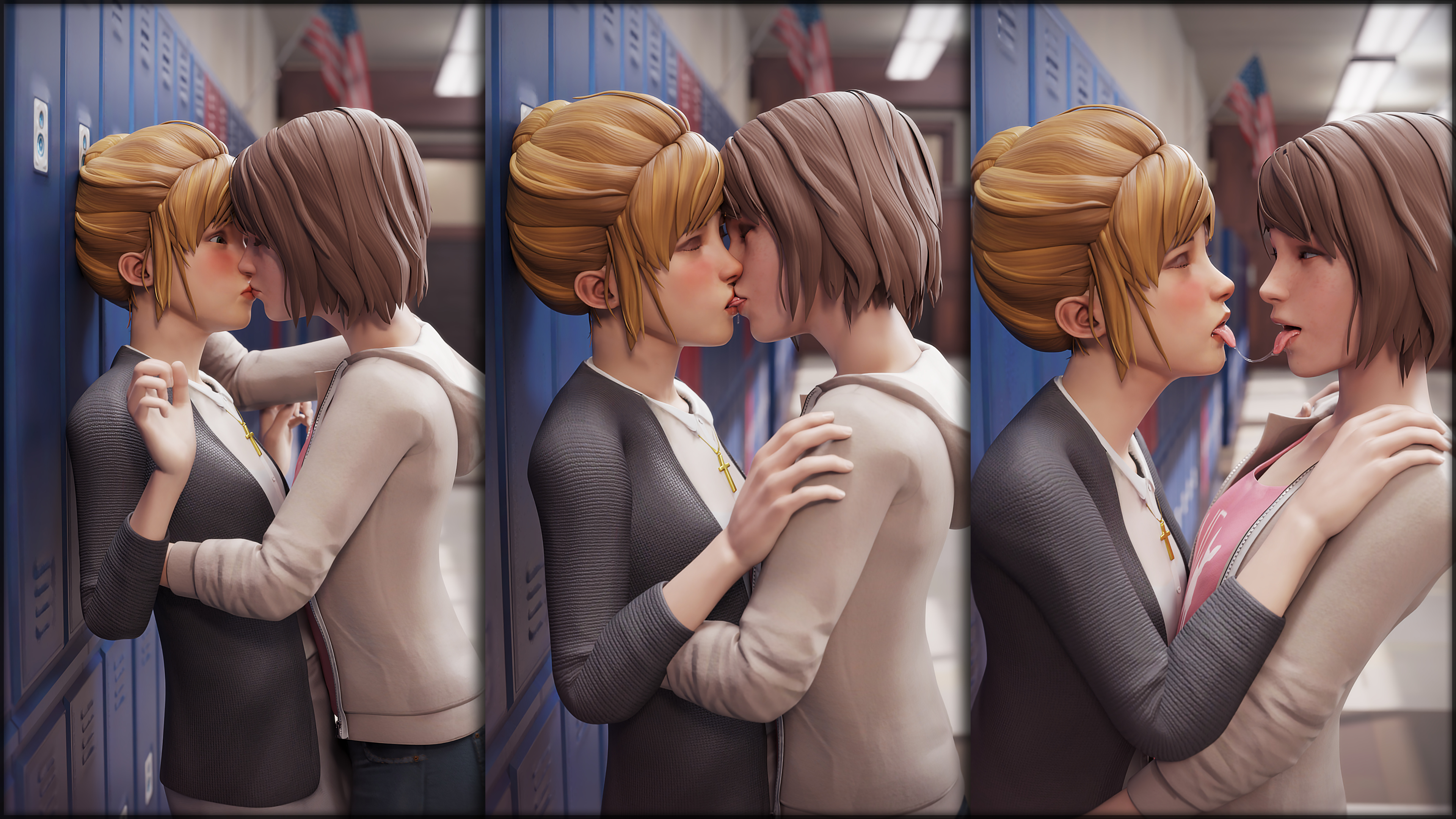 2025, 2girls, 3 panel comic, 3d, blonde hair, brown hair, bun hair, clothed, cross necklace, detailed background, female, female only, french kiss, girls kissing, green eyes, grey eyes, highly detailed, hooded jacket, in-game background, in-universe location, indoors, jacket, jeans, kate beverly marsh, kate marsh, koomer, lesbian, lesbian kiss, life is strange, long hair, long sleeves, max caulfield, maxine caulfield, medium hair, multiple females, multiple girls, no nude, no nudity, non nude, non-nude, oops, pants, saliva, saliva drip, saliva trail, shirt, skirt, surprise kiss, surprised, surprised expression, tied hair, tongue kiss, yuri