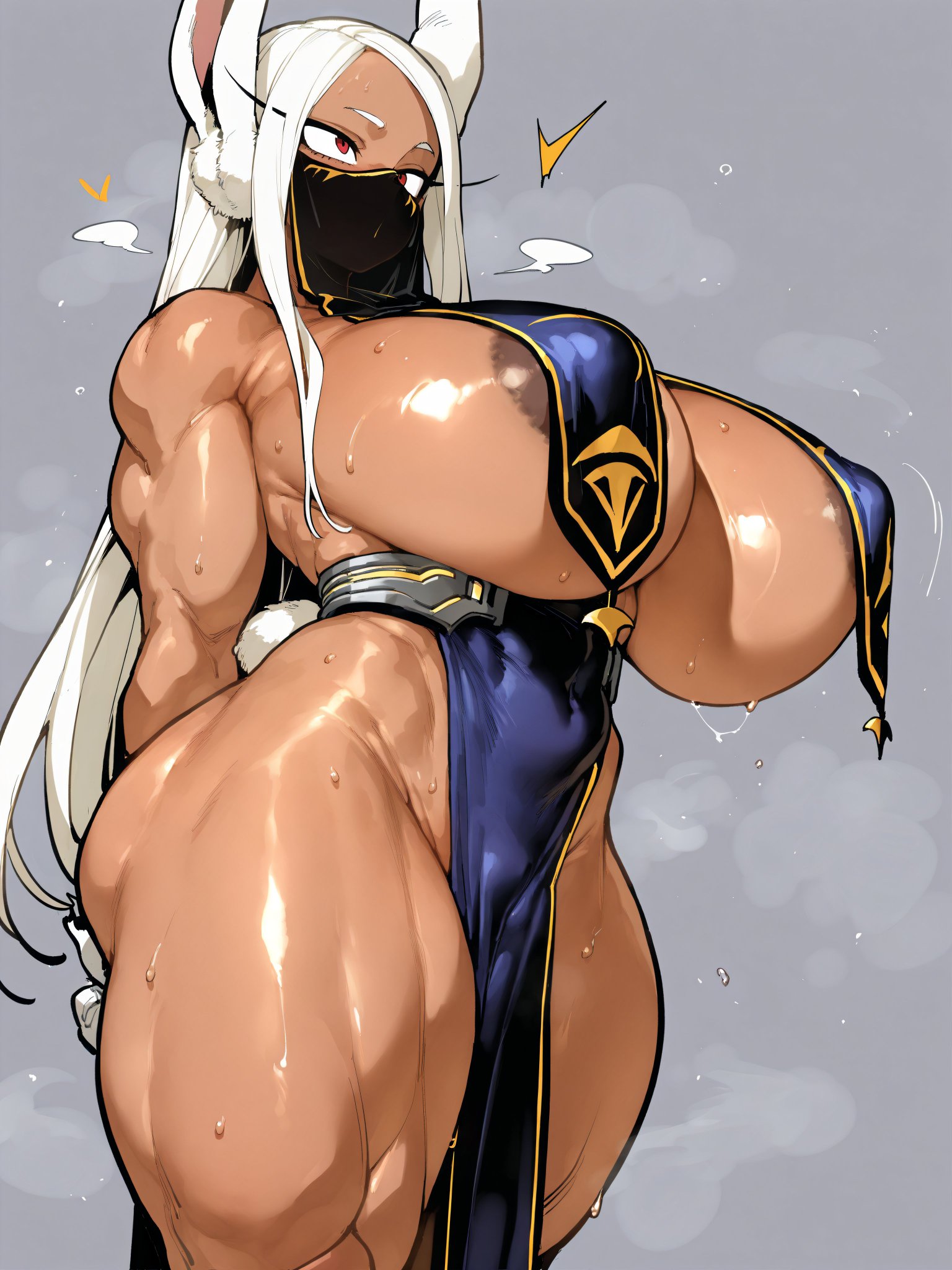 ai generated, areolae visible through clothing, athletic female, bare thighs, belly dancer, belly dancer outfit, boku no hero academia, breasts, dark areola, dark skin, dark-skinned female, female, gigantic breasts, huge areolae, huge breasts, huge thighs, long hair, low-angle view, massive breasts, miruko, muscular, muscular female, my hero academia, oatmealdood, oiled body, oiled skin, rabbit ears, red eyes, rumi usagiyama, shounen jump, solo female, squatting, sweat, sweatdrop, thick body, thick female, thick thighs, thighs, voluptuous, voluptuous female, white hair
